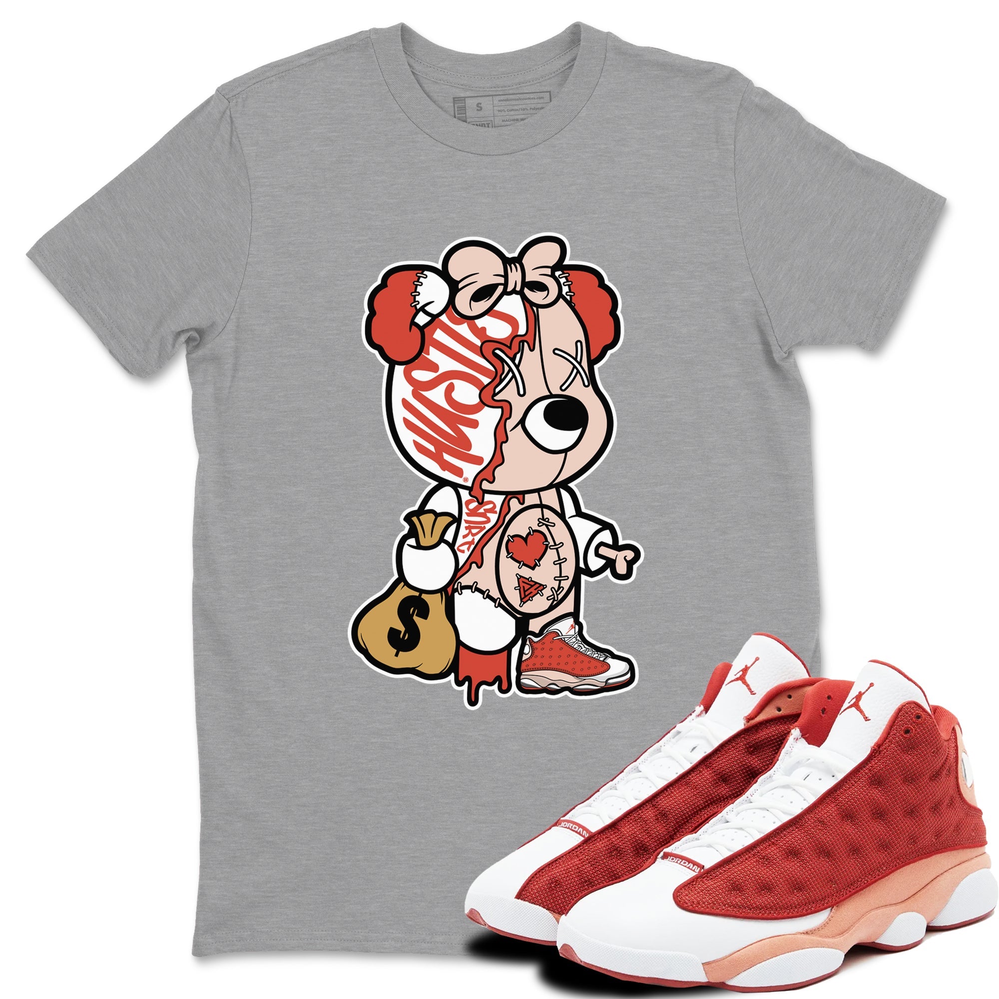 13s Dune Red shirts to match jordans Stitched Hustle Bear sneaker match tees Air Jordan 13 Dune Red Drip Gear Zone streetwear brand Heather Grey 1 unisex cotton tee