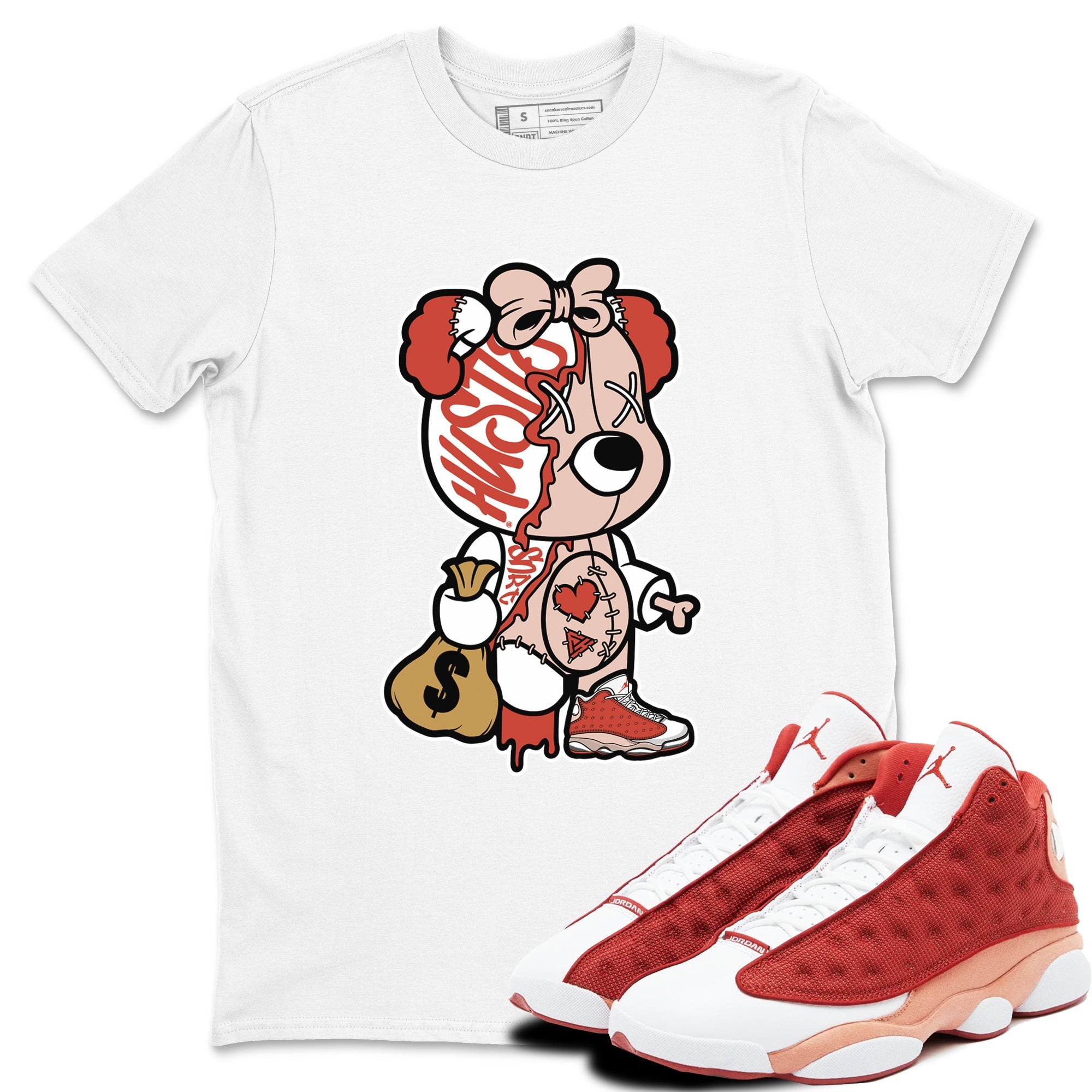 13s Dune Red shirts to match jordans Stitched Hustle Bear sneaker match tees Air Jordan 13 Dune Red Drip Gear Zone streetwear brand White 1 unisex cotton tee