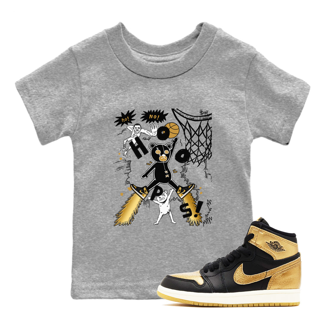 1s Black Metallic Gold shirts to match jordans Stop The Bear sneaker match tees Air Jordan 1 Black Metallic Gold Drip Gear Zone Youth Baby Heather Grey 1 crew neck shirts