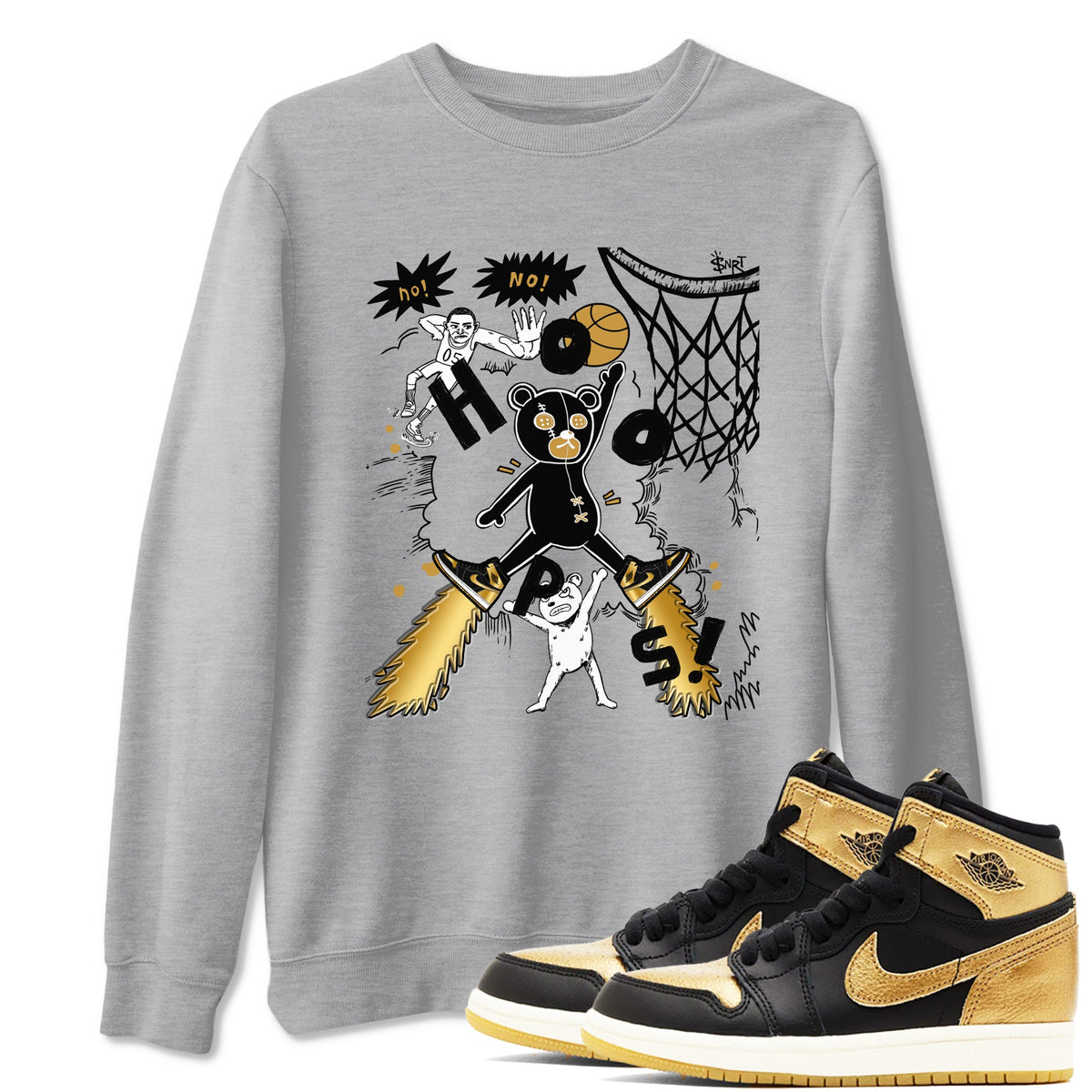 1s Black Metallic Gold shirts to match jordans Stop The Bear sneaker match tees Air Jordan 1 Black Metallic Gold Drip Gear Zone unisex cotton Heather Grey 1 crew neck shirts