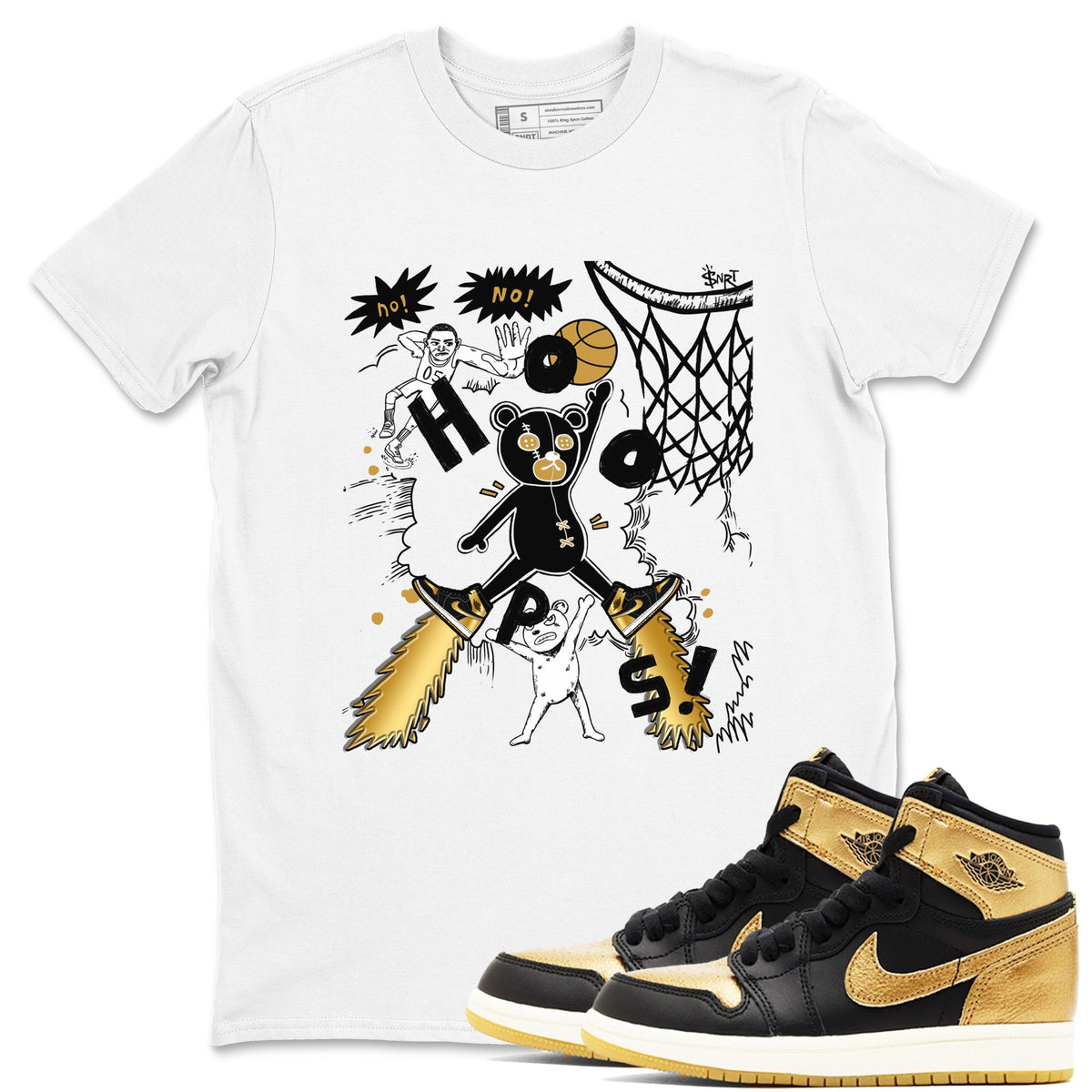 1s Black Metallic Gold shirts to match jordans Stop The Bear sneaker match tees Air Jordan 1 Black Metallic Gold Drip Gear Zone unisex cotton White 1 crew neck shirts