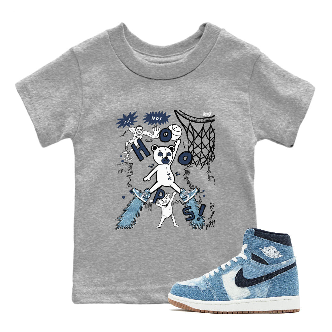 1s Denim shirts to match jordans Stop The Bear sneaker match tees Air Jordan 1 Denim Drip Gear Zone streetwear brand Baby and Youth Heather Grey 1 cotton tee