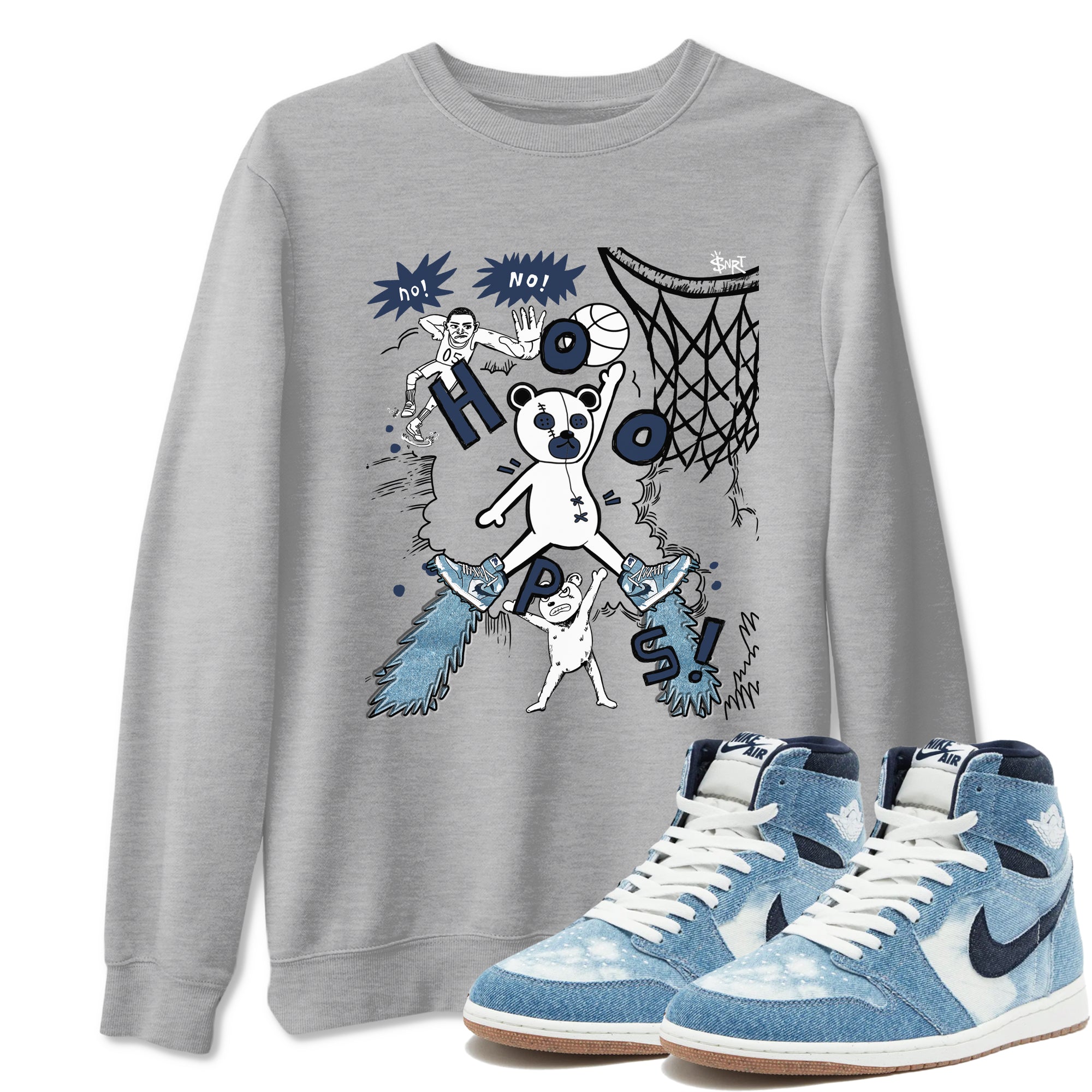 1s Denim shirts to match jordans Stop The Bear sneaker match tees Air Jordan 1 Denim Drip Gear Zone streetwear brand Heather Grey 1 unisex cotton tee