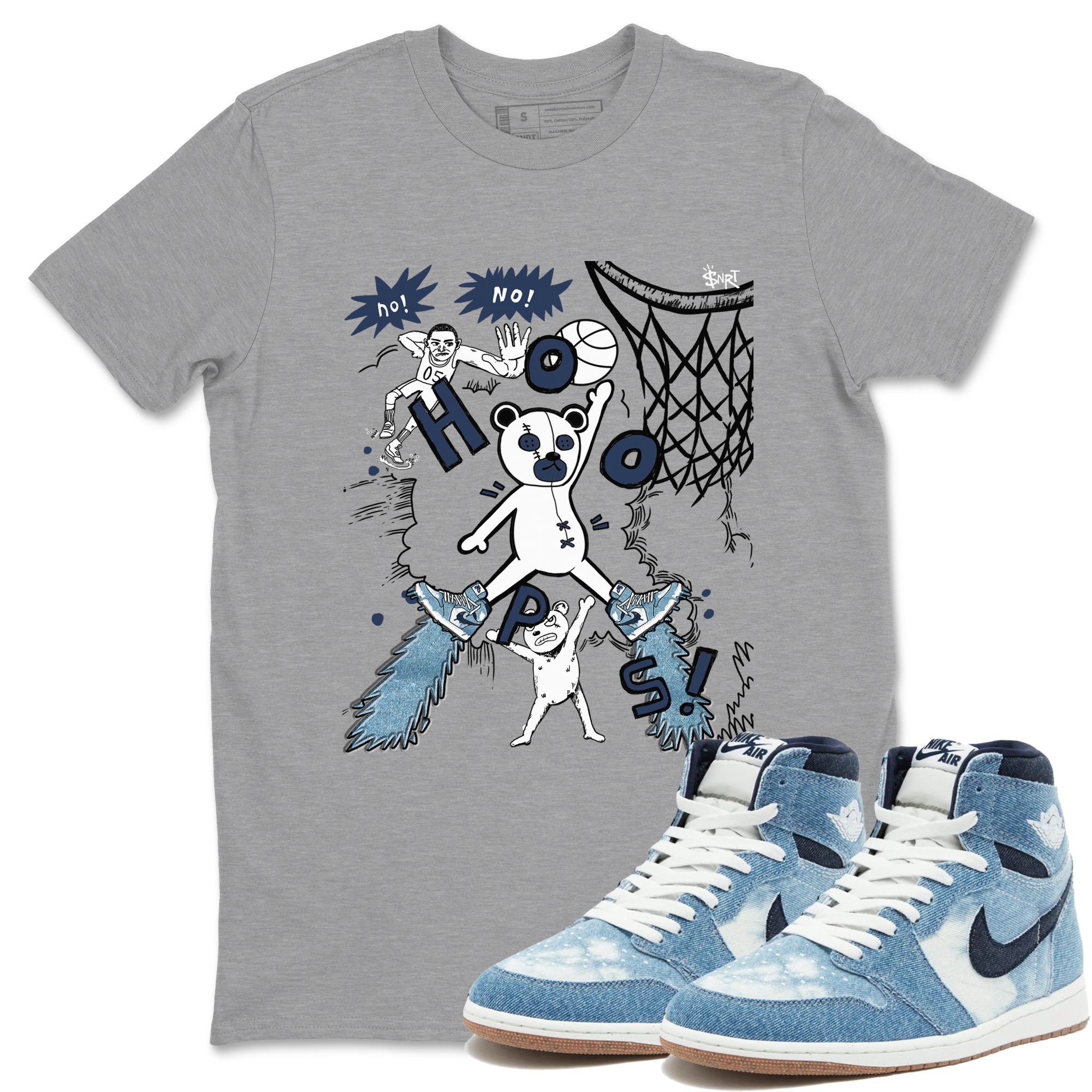 1s Denim shirts to match jordans Stop The Bear sneaker match tees Air Jordan 1 Denim Drip Gear Zone streetwear brand Heather Grey 1 unisex cotton tee