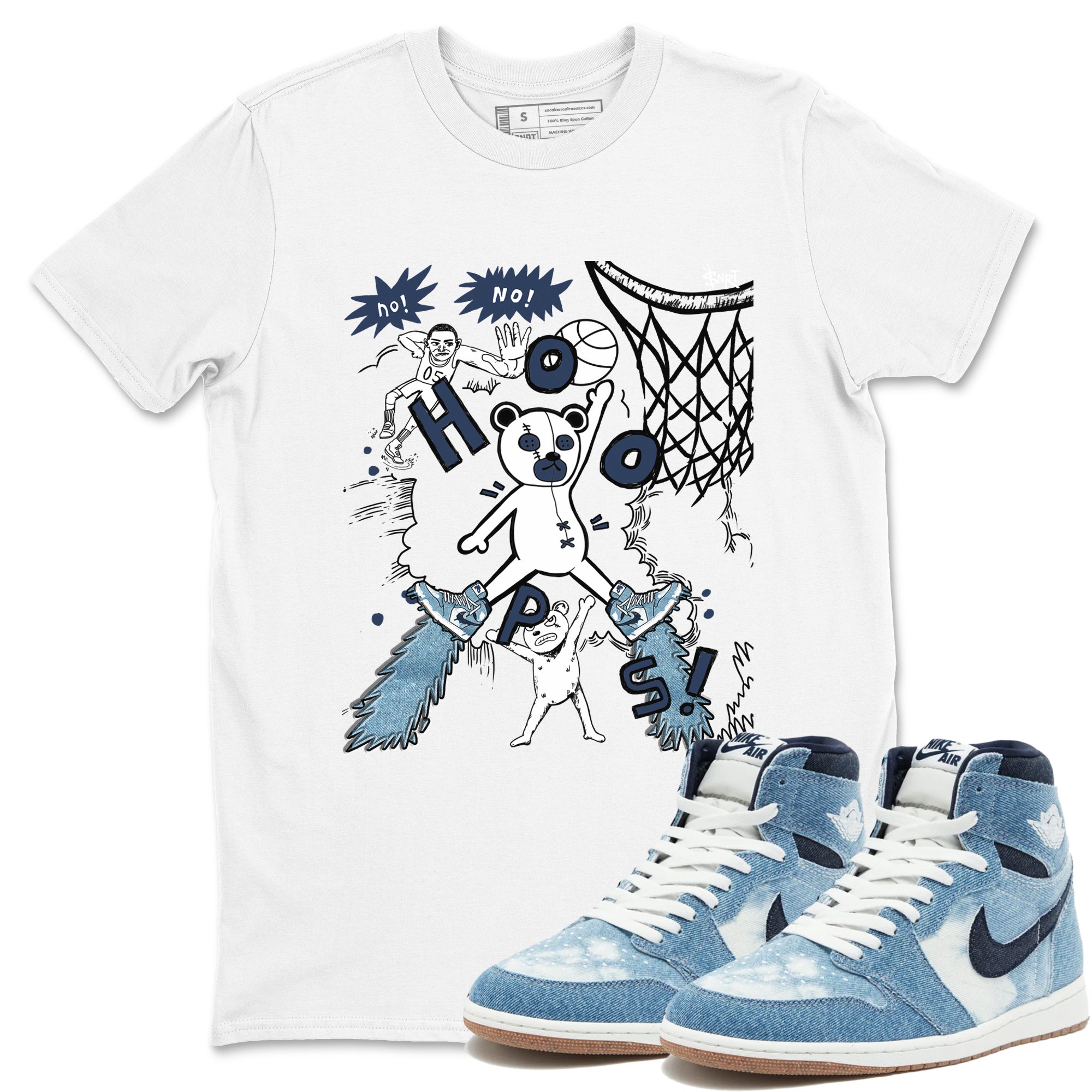 1s Denim shirts to match jordans Stop The Bear sneaker match tees Air Jordan 1 Denim Drip Gear Zone streetwear brand White 1 unisex cotton tee