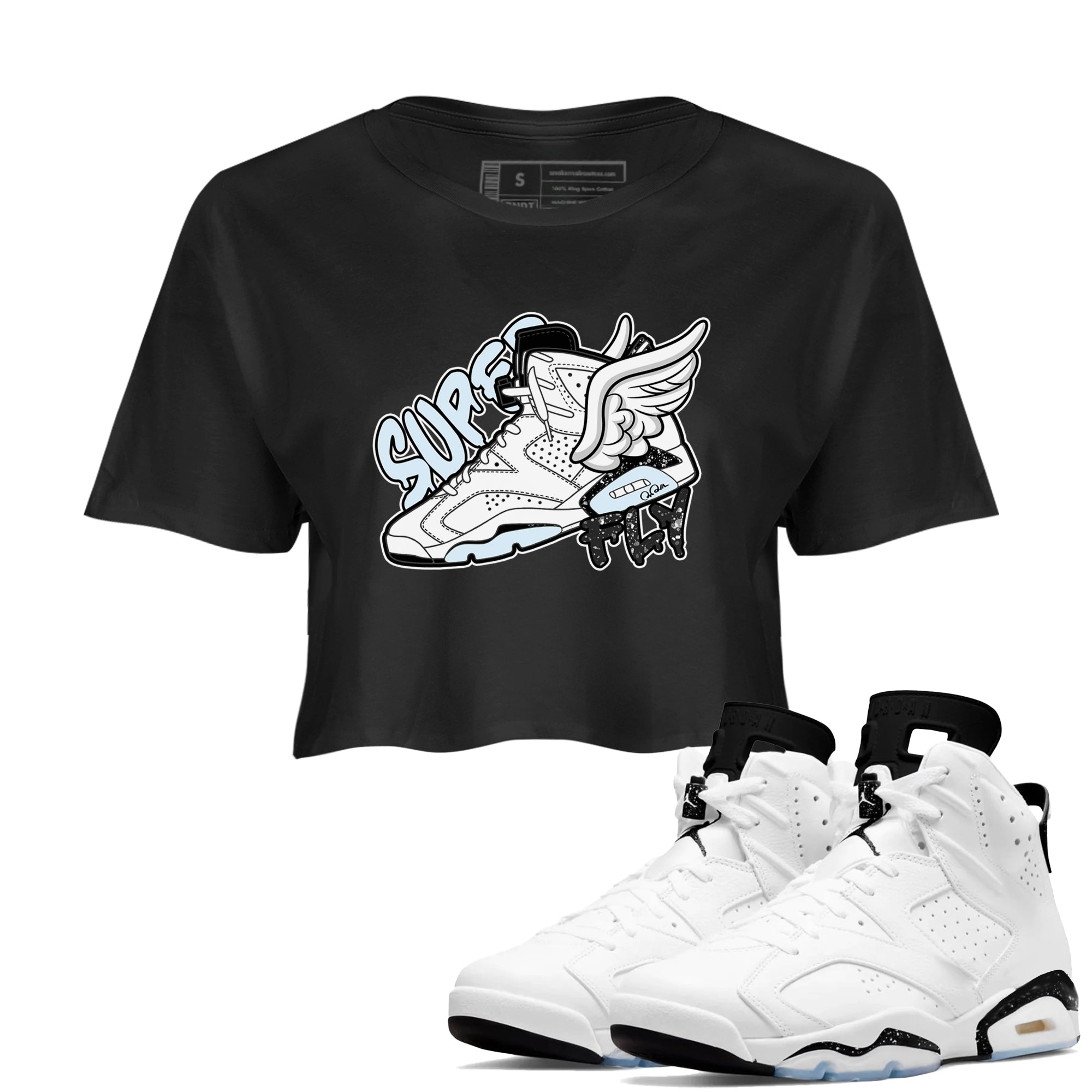 AJ6 White Black shirts to match jordans Super Fly sneaker match tees Air Jordan 6 White Black Drip Gear Zone streetwear brand Black 1 crop tee