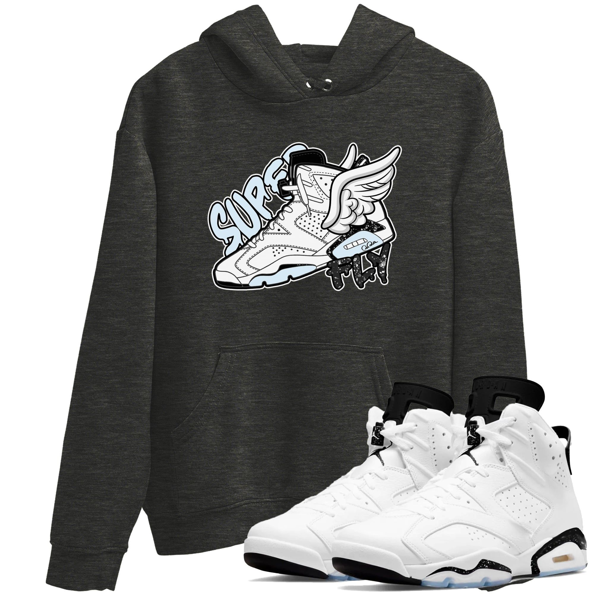 AJ6 White Black shirts to match jordans Super Fly sneaker match tees Air Jordan 6 White Black Drip Gear Zone streetwear brand Charcoal Heather 1 unisex cotton tee