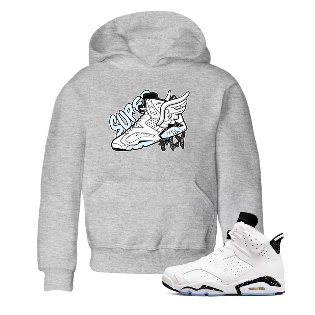 AJ6 White Black shirts to match jordans Super Fly sneaker match tees Air Jordan 6 White Black Drip Gear Zone streetwear brand Baby and Youth Heather Grey 1 cotton tee