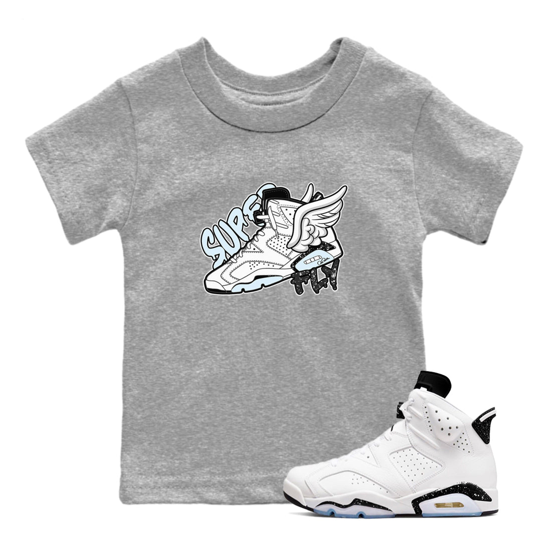 AJ6 White Black shirts to match jordans Super Fly sneaker match tees Air Jordan 6 White Black Drip Gear Zone streetwear brand Baby and Youth Heather Grey 1 cotton tee