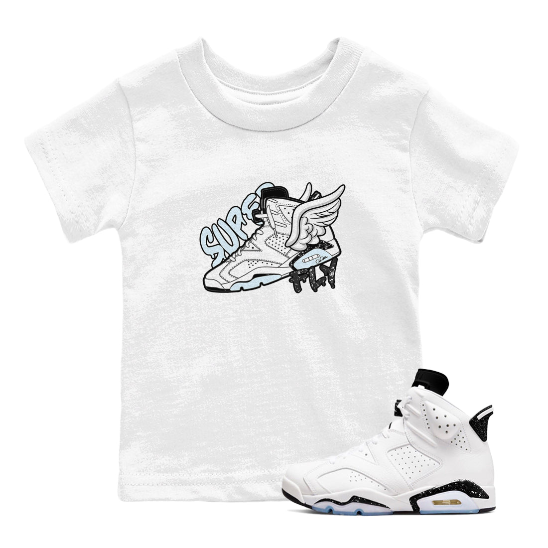 AJ6 White Black shirts to match jordans Super Fly sneaker match tees Air Jordan 6 White Black Drip Gear Zone streetwear brand Baby and Youth White 1 cotton tee
