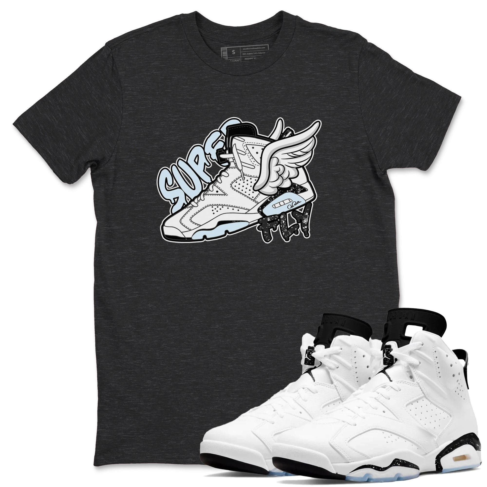 AJ6 White Black shirts to match jordans Super Fly sneaker match tees Air Jordan 6 White Black Drip Gear Zone streetwear brand Charcoal Heather 1 unisex cotton tee