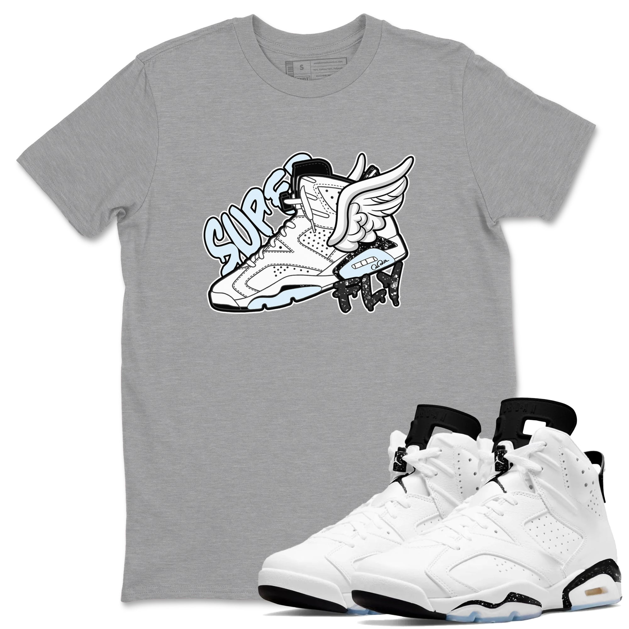 AJ6 White Black shirts to match jordans Super Fly sneaker match tees Air Jordan 6 White Black Drip Gear Zone streetwear brand Heather Grey 1 unisex cotton tee