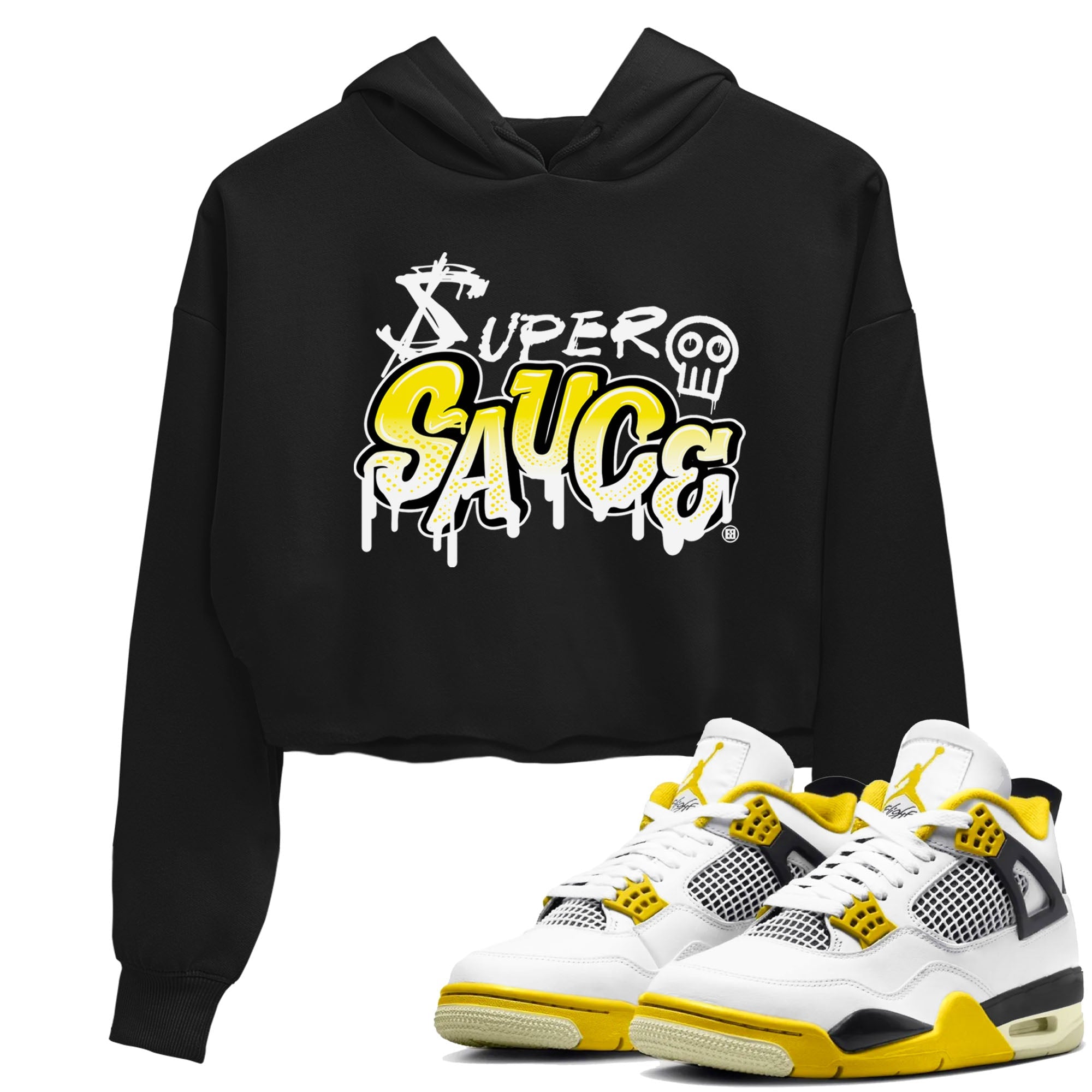 4s Vivid Sulfur shirt to match jordans Super Sauce sneaker tees Air Jordan 4 Vivid Sulfur Drip Gear Zone Black 1 crop length shirt