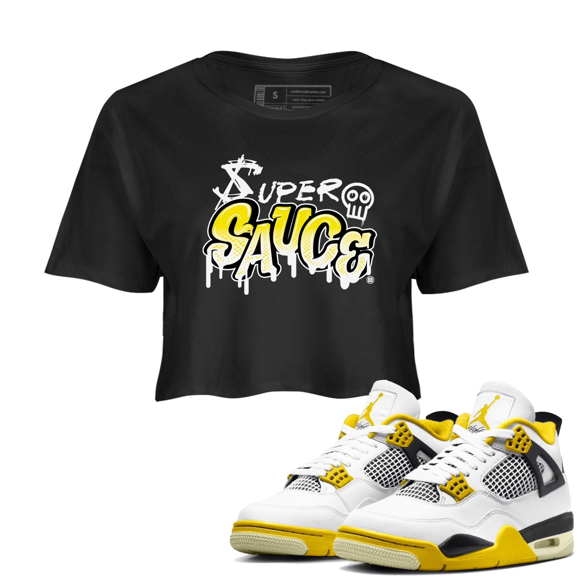 4s Vivid Sulfur shirt to match jordans Super Sauce sneaker tees Air Jordan 4 Vivid Sulfur Drip Gear Zone Black 1 crop length shirt