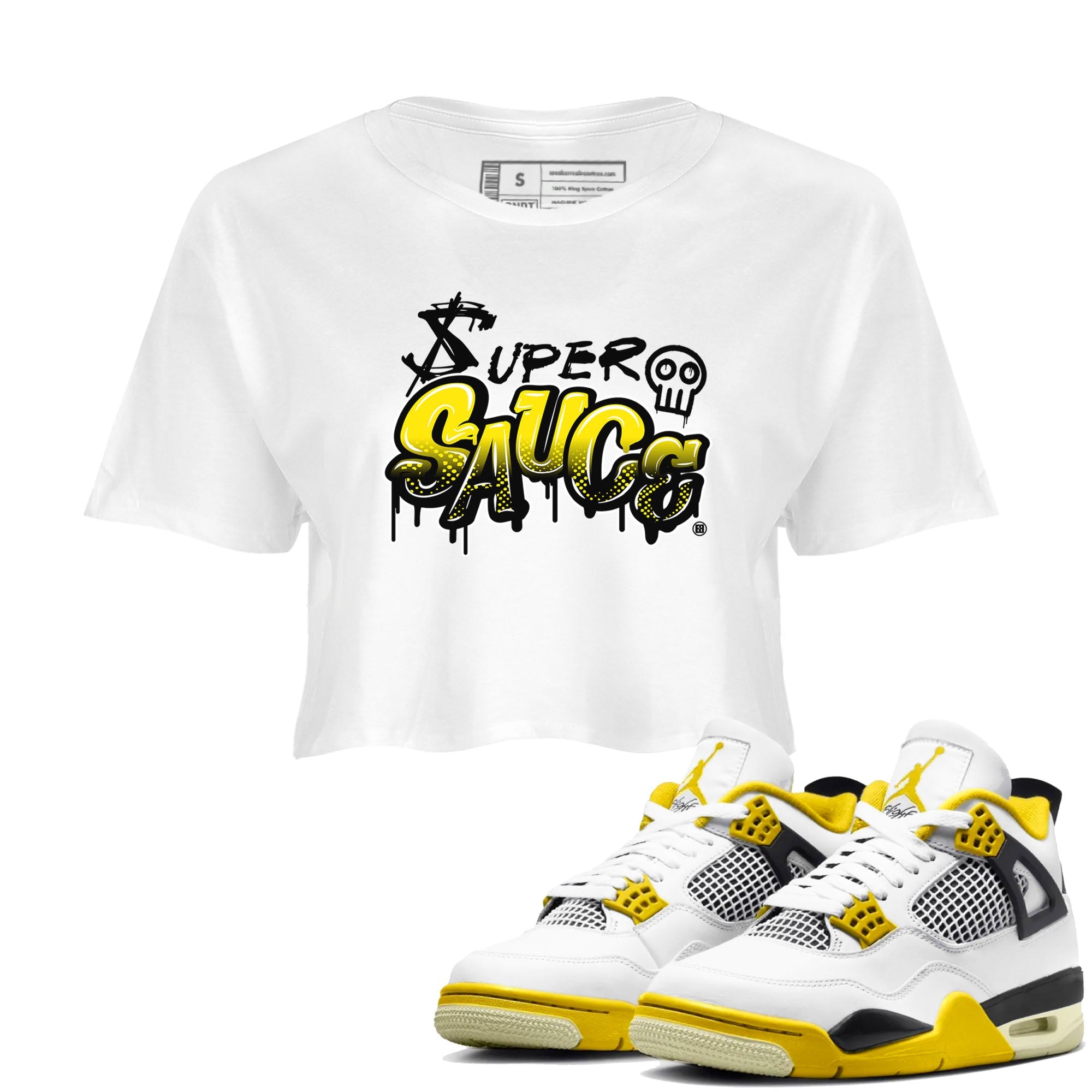 4s Vivid Sulfur shirt to match jordans Super Sauce sneaker tees Air Jordan 4 Vivid Sulfur Drip Gear Zone White 1 crop length shirt
