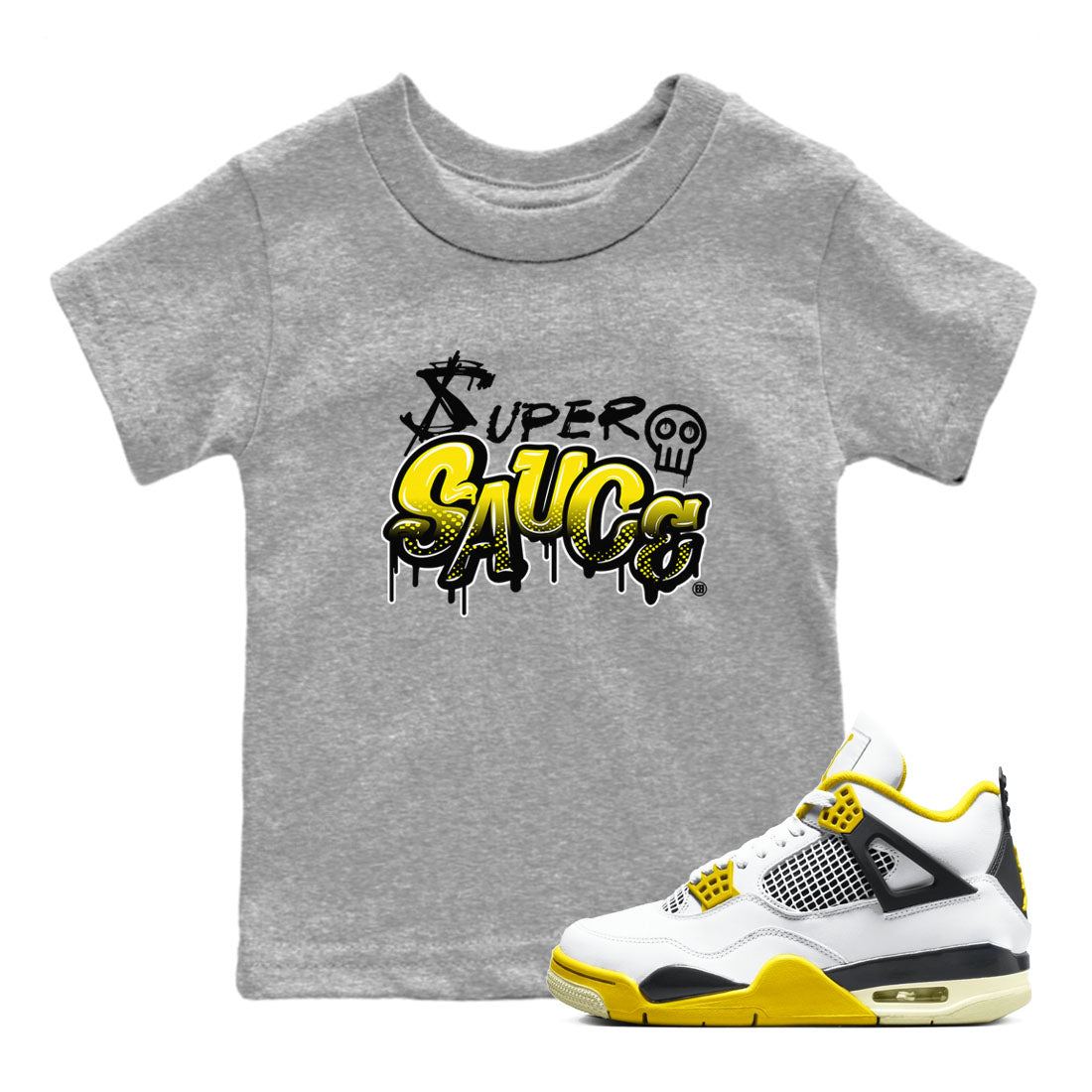 4s Vivid Sulfur shirt to match jordans Super Sauce sneaker tees Air Jordan 4 Vivid Sulfur Drip Gear Zone baby toddler Heather Grey 1 cotton Shirt