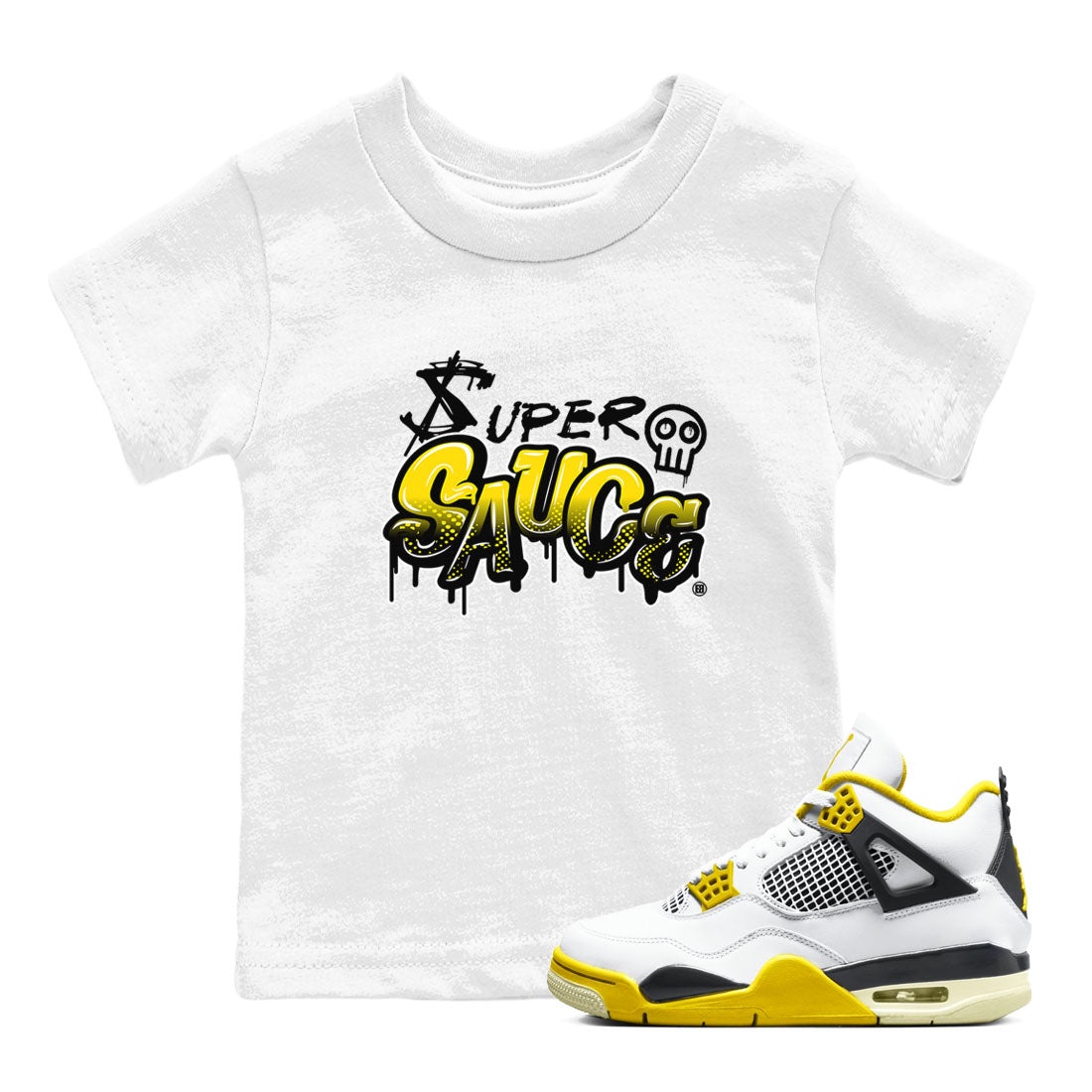 4s Vivid Sulfur shirt to match jordans Super Sauce sneaker tees Air Jordan 4 Vivid Sulfur Drip Gear Zone baby toddler White 1 cotton Shirt