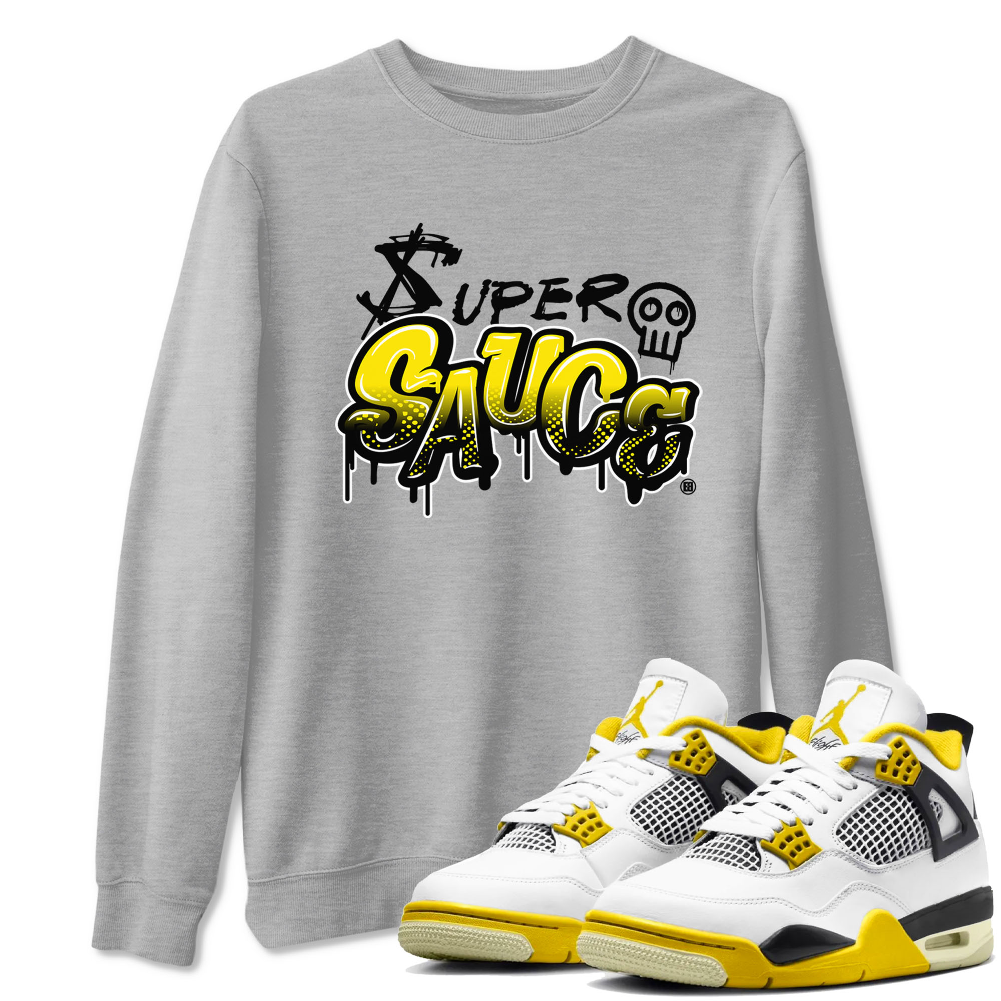 4s Vivid Sulfur shirt to match jordans Super Sauce sneaker tees Air Jordan 4 Vivid Sulfur Drip Gear Zone unisex cotton Heather Grey 1 crew neck shirt