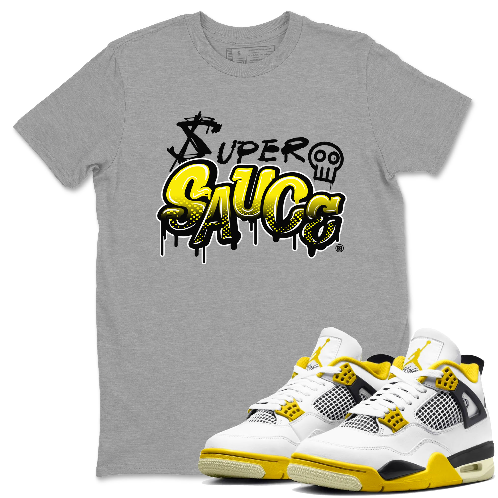 4s Vivid Sulfur shirt to match jordans Super Sauce sneaker tees Air Jordan 4 Vivid Sulfur Drip Gear Zone unisex cotton Heather Grey 1 crew neck shirt