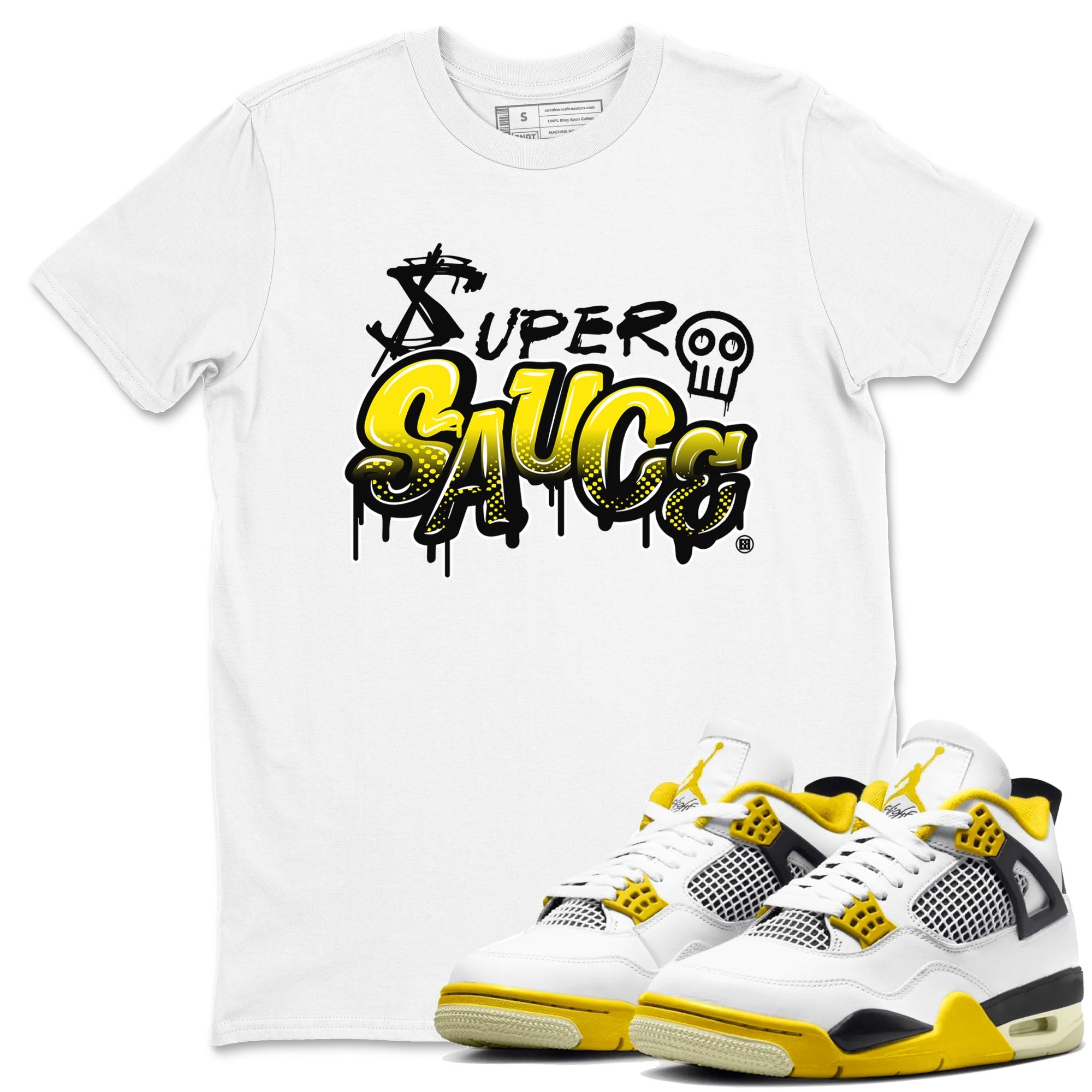 4s Vivid Sulfur shirt to match jordans Super Sauce sneaker tees Air Jordan 4 Vivid Sulfur Drip Gear Zone unisex cotton White 1 crew neck shirt