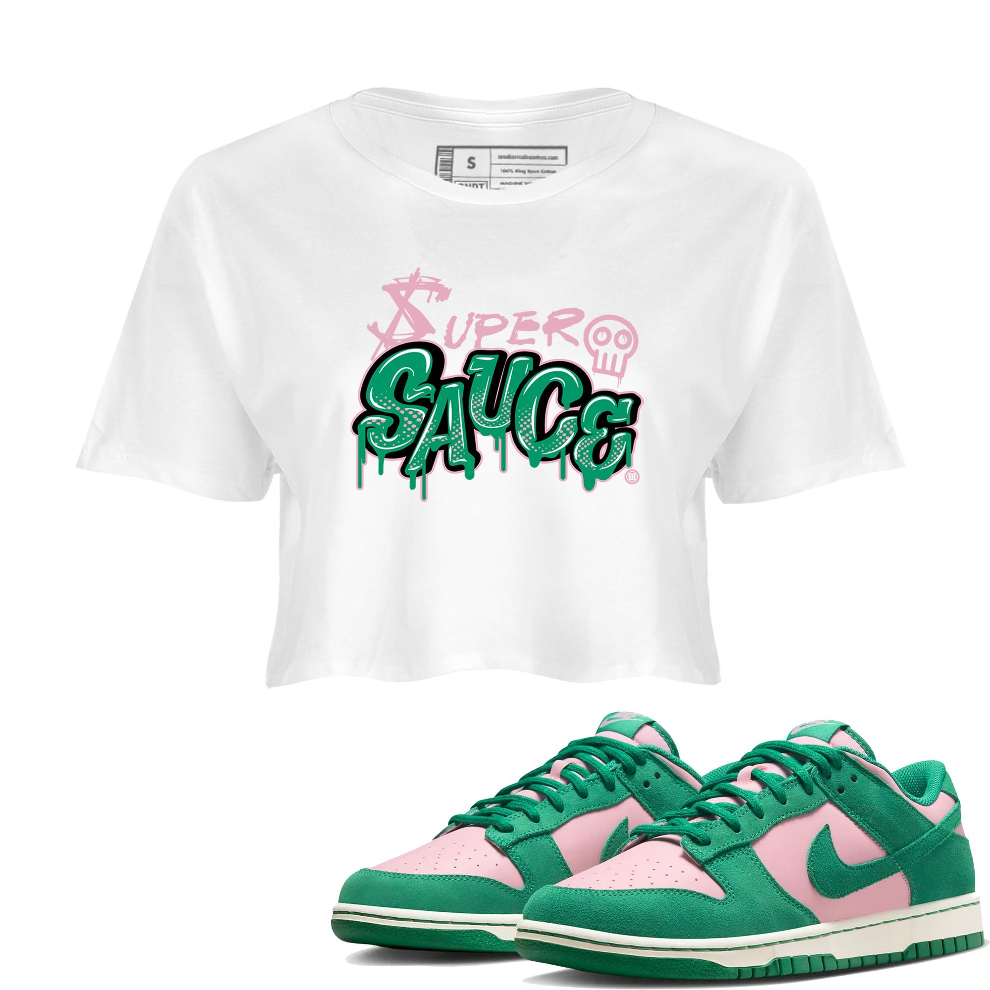 Dunk Low Medium Soft Pink Malachite shirt to match jordans Super Sauce sneaker tees Dunks Medium Soft Pink Malachite Streetwear Brand Drip Gear Zone White 1 crop length shirt