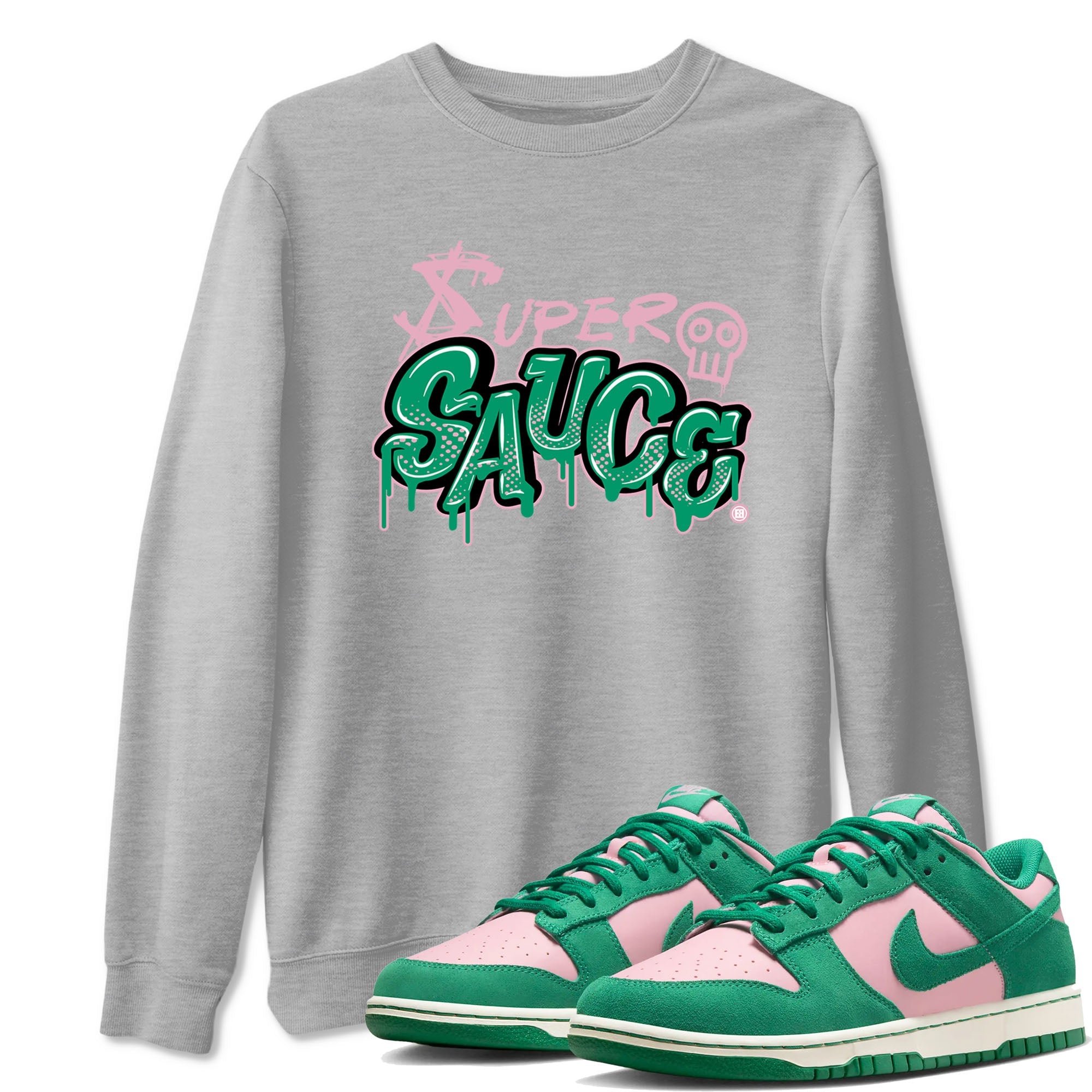 Dunk Low Medium Soft Pink Malachite shirt to match jordans Super Sauce sneaker tees Dunks Medium Soft Pink Malachite Streetwear Brand Drip Gear Zone unisex cotton Heather Grey 1 crew neck shirt