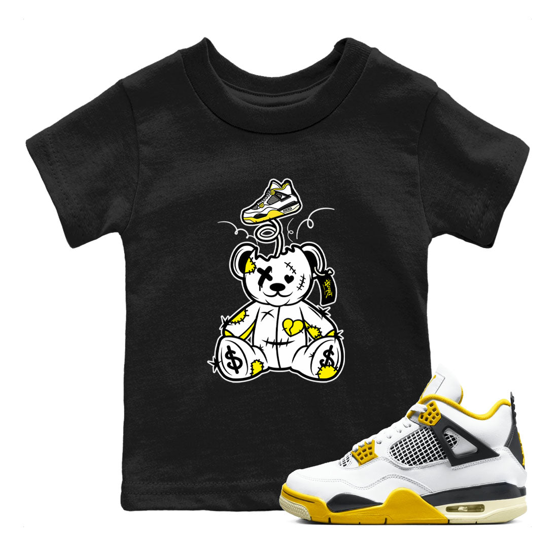 Air Jordan 4 Retro Vivid Sulfur shirt to match jordans Surprise Teddy Bear sneaker tees 4s Vivid Sulfur Drip Gear Zone baby toddler Black 1 cotton Shirt