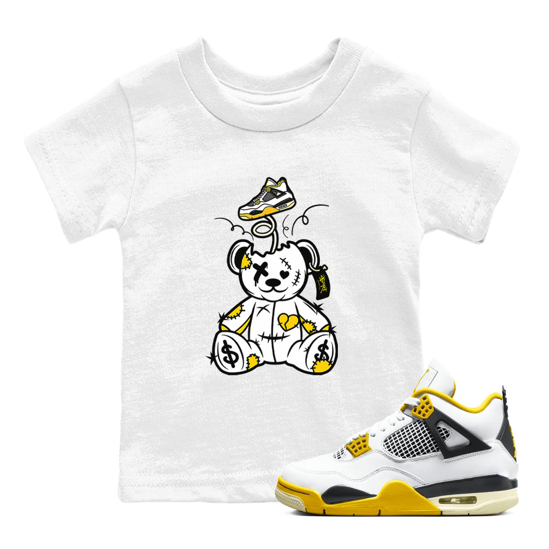 Air Jordan 4 Retro Vivid Sulfur shirt to match jordans Surprise Teddy Bear sneaker tees 4s Vivid Sulfur Drip Gear Zone baby toddler White 1 cotton Shirt