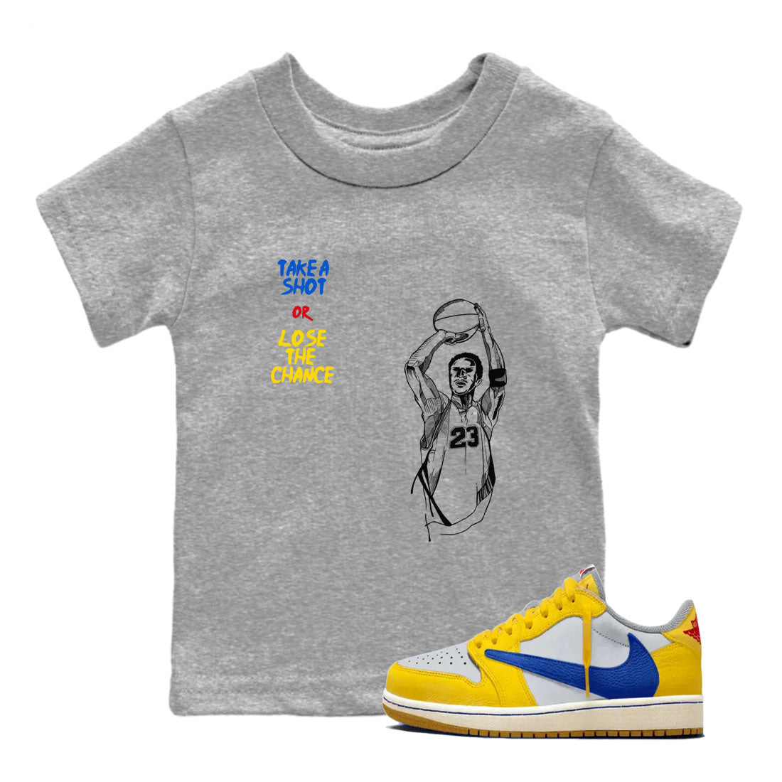 1s Travis Scott Canary shirts to match jordans Take A Shot sneaker match tees Air Jordan 1 Travis Scott Canary Drip Gear Zone Youth Baby Heather Grey 1 crew neck shirts