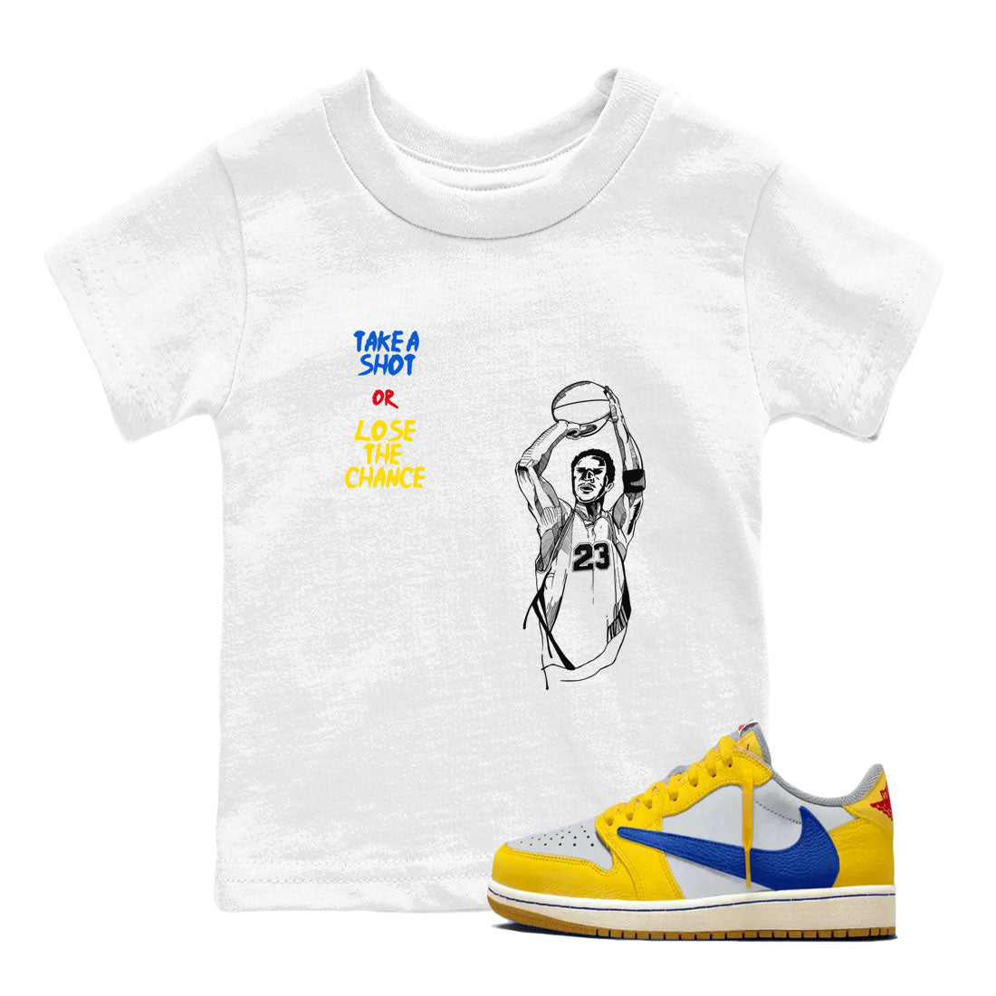 1s Travis Scott Canary shirts to match jordans Take A Shot sneaker match tees Air Jordan 1 Travis Scott Canary Drip Gear Zone Youth Baby White 1 crew neck shirts
