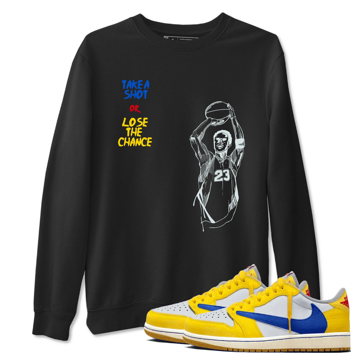 1s Travis Scott Canary shirts to match jordans Take A Shot sneaker match tees Air Jordan 1 Travis Scott Canary Drip Gear Zone unisex cotton Black 1 crew neck shirts