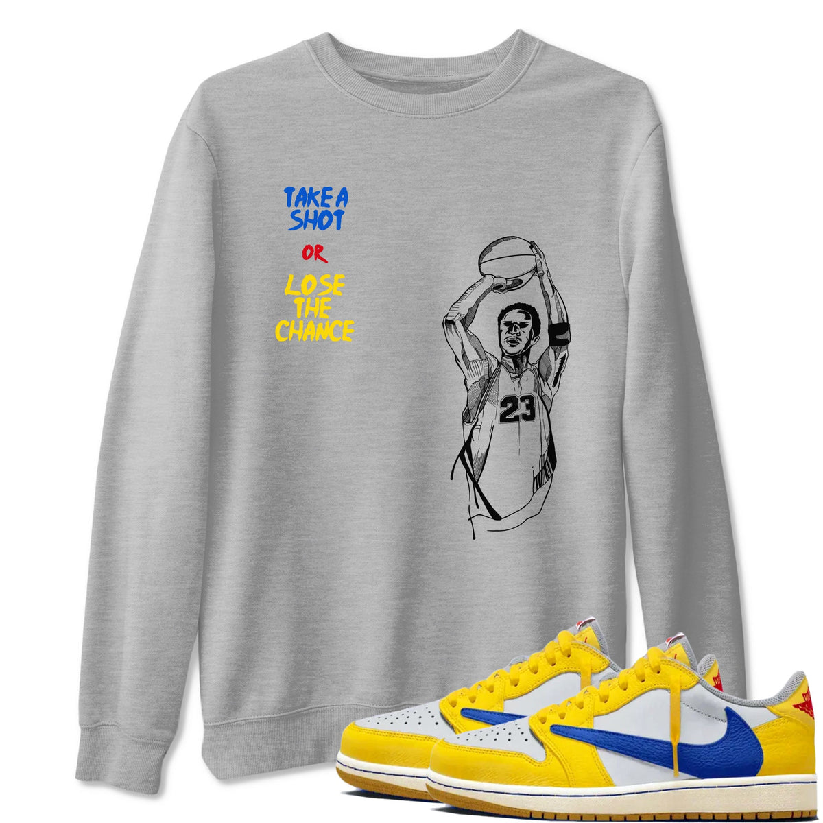 1s Travis Scott Canary shirts to match jordans Take A Shot sneaker match tees Air Jordan 1 Travis Scott Canary Drip Gear Zone unisex cotton Heather Grey 1 crew neck shirts