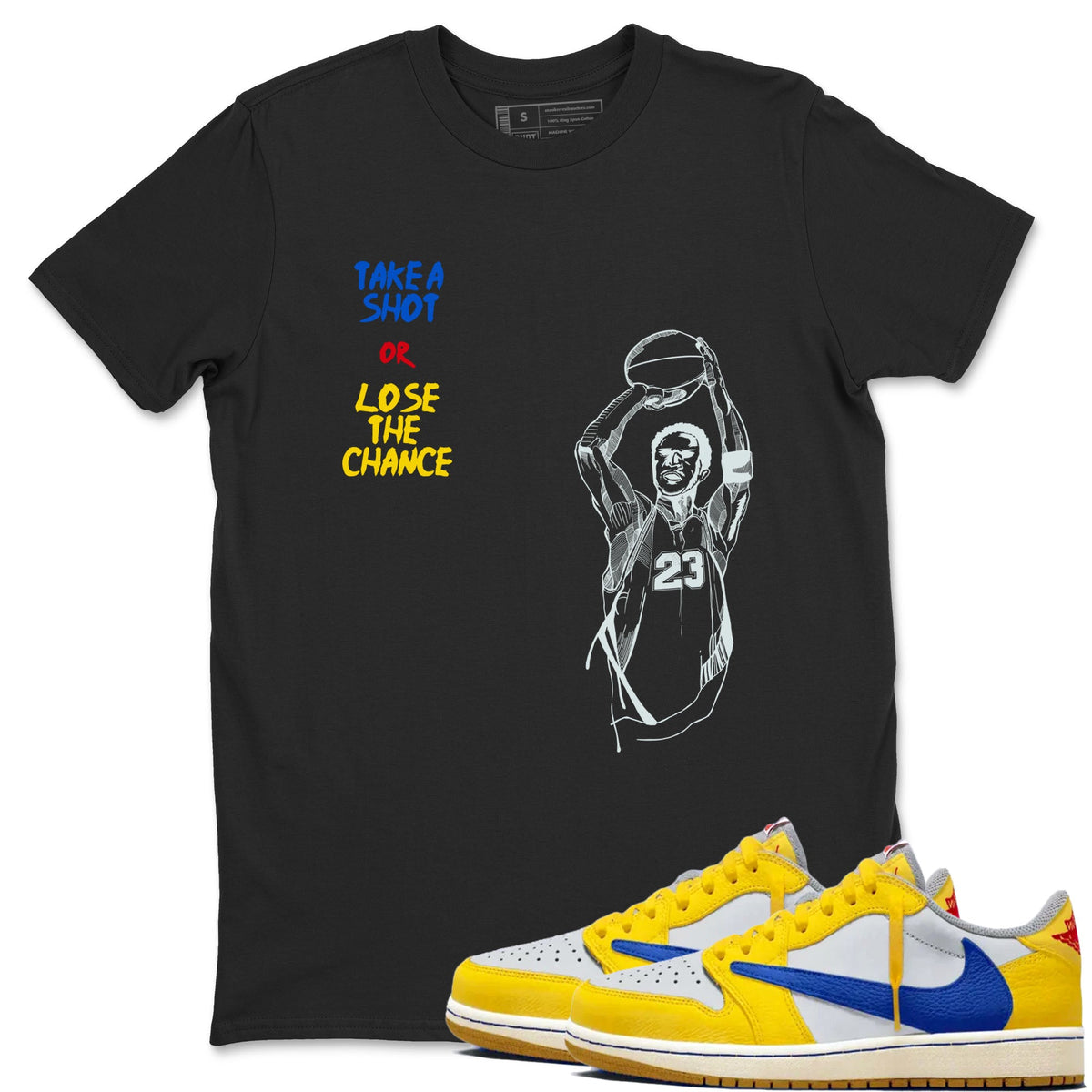 1s Travis Scott Canary shirts to match jordans Take A Shot sneaker match tees Air Jordan 1 Travis Scott Canary Drip Gear Zone unisex cotton Black 1 crew neck shirts