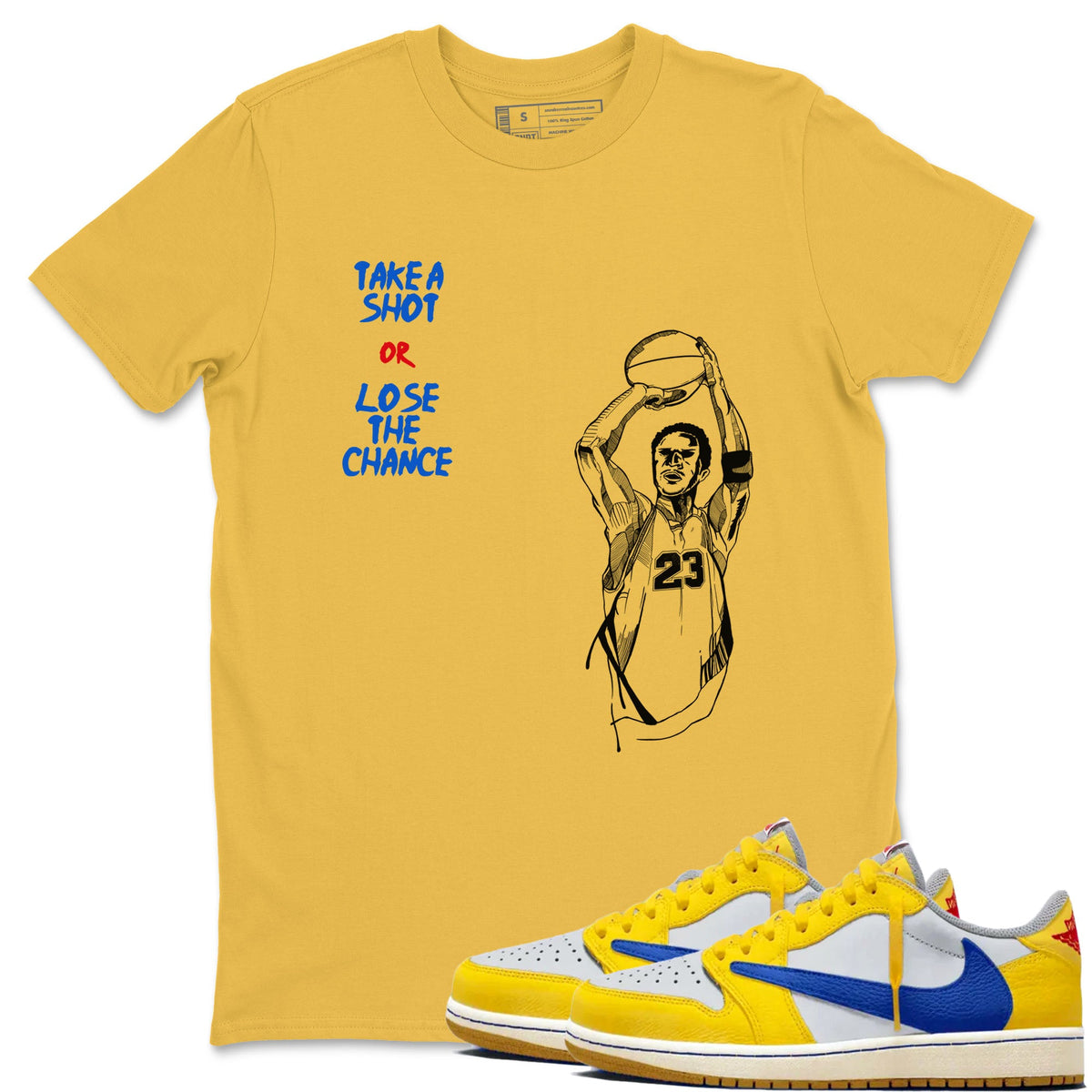 1s Travis Scott Canary shirts to match jordans Take A Shot sneaker match tees Air Jordan 1 Travis Scott Canary Drip Gear Zone unisex cotton Daisy 1 crew neck shirts