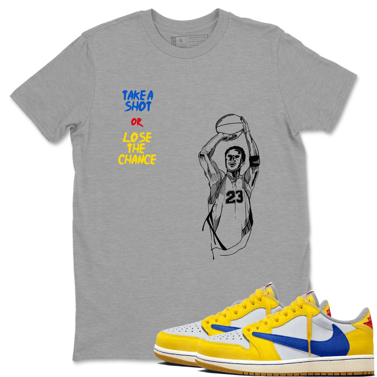 1s Travis Scott Canary shirts to match jordans Take A Shot sneaker match tees Air Jordan 1 Travis Scott Canary Drip Gear Zone unisex cotton Heather Grey 1 crew neck shirts