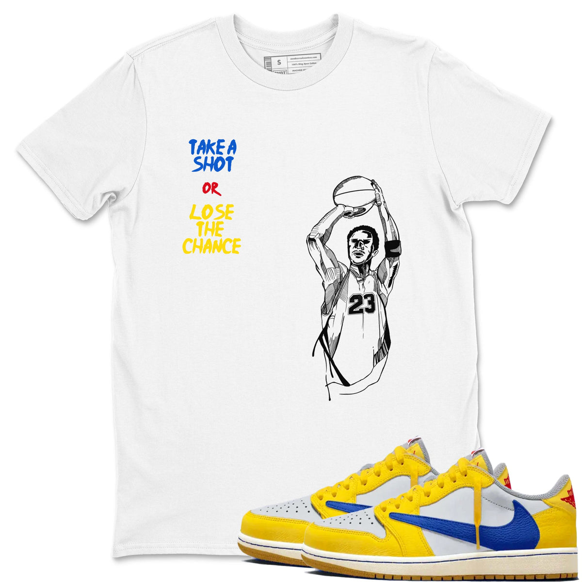 1s Travis Scott Canary shirts to match jordans Take A Shot sneaker match tees Air Jordan 1 Travis Scott Canary Drip Gear Zone unisex cotton White 1 crew neck shirts