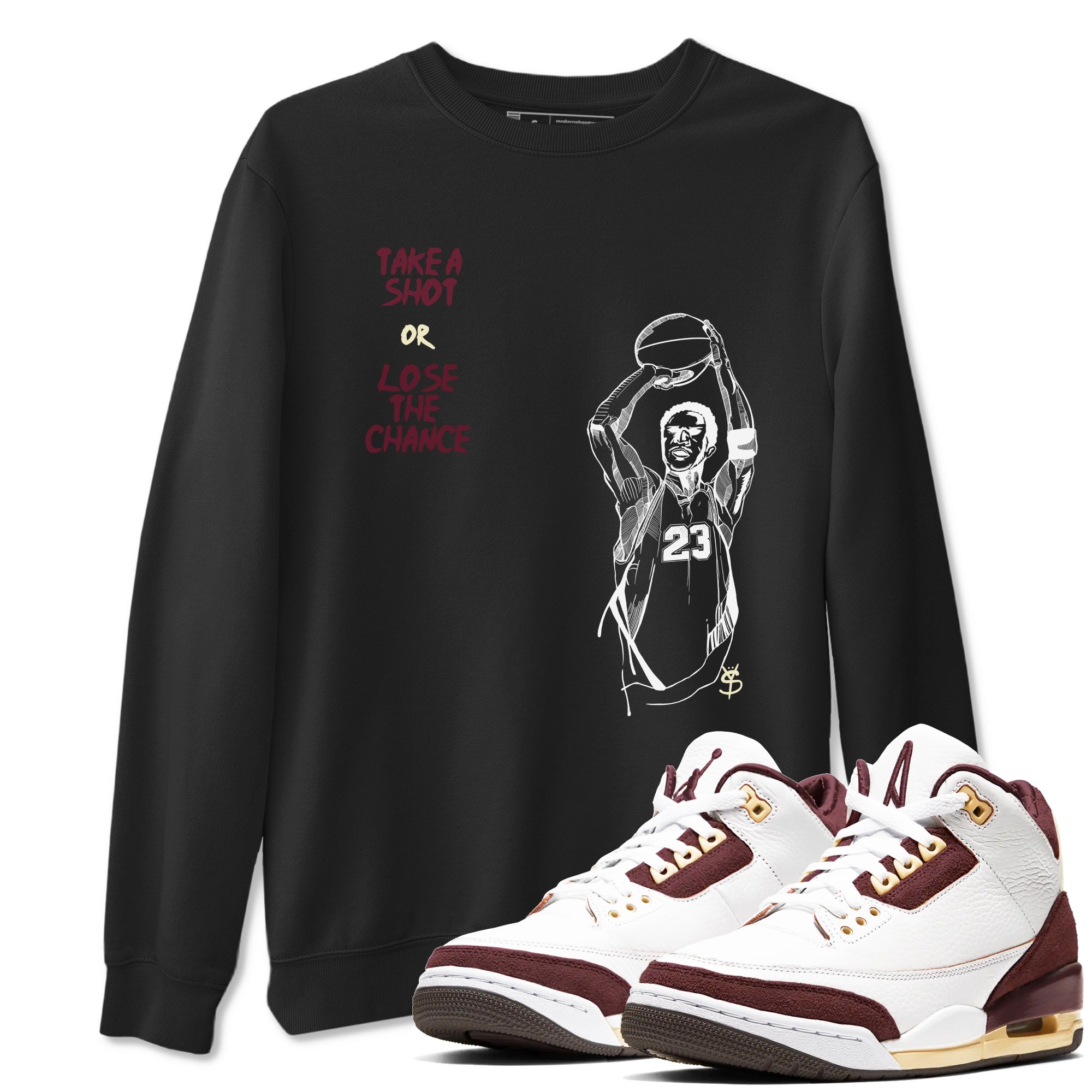 3s A Ma Maniere x Burgundy Crush shirts to match jordans Take A Shot sneaker match tees A Ma Maniére Air Jordan 3 Burgundy Crush Drip Gear Zone unisex cotton Black 1 crew neck shirts