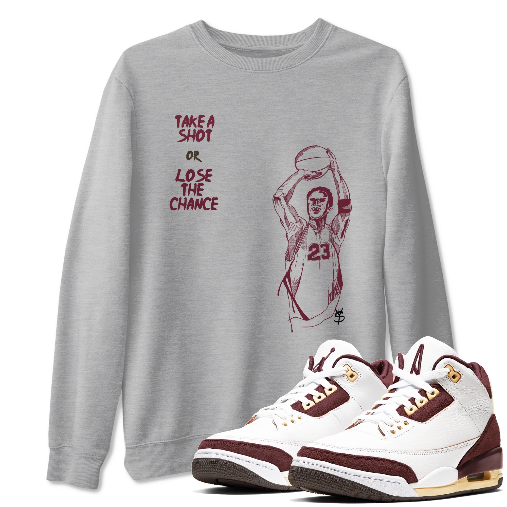 3s A Ma Maniere x Burgundy Crush shirts to match jordans Take A Shot sneaker match tees A Ma Maniére Air Jordan 3 Burgundy Crush Drip Gear Zone unisex cotton Heather Grey 1 crew neck shirts