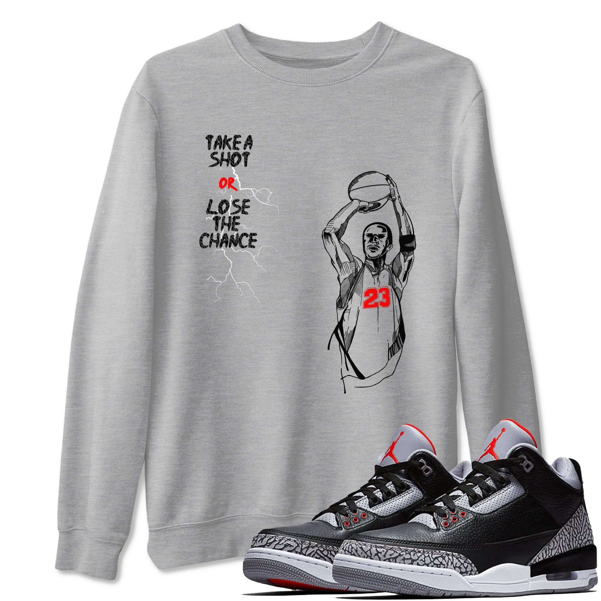 3s Black Cement shirts to match jordans Take A Shot sneaker match tees Air Jordan 3 Black Cement match shoes to clothes Drip Gear Zone unisex cotton Heather Grey 1 shirts