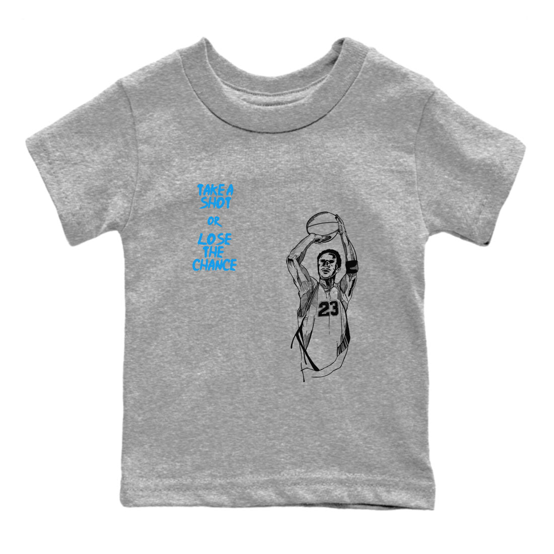 4s Military Blue shirts to match jordans Take A Shot sneaker match tees Air Jordan 4 Military Blue Drip Gear Zone Youth Baby Heather Grey 2 crew neck shirts