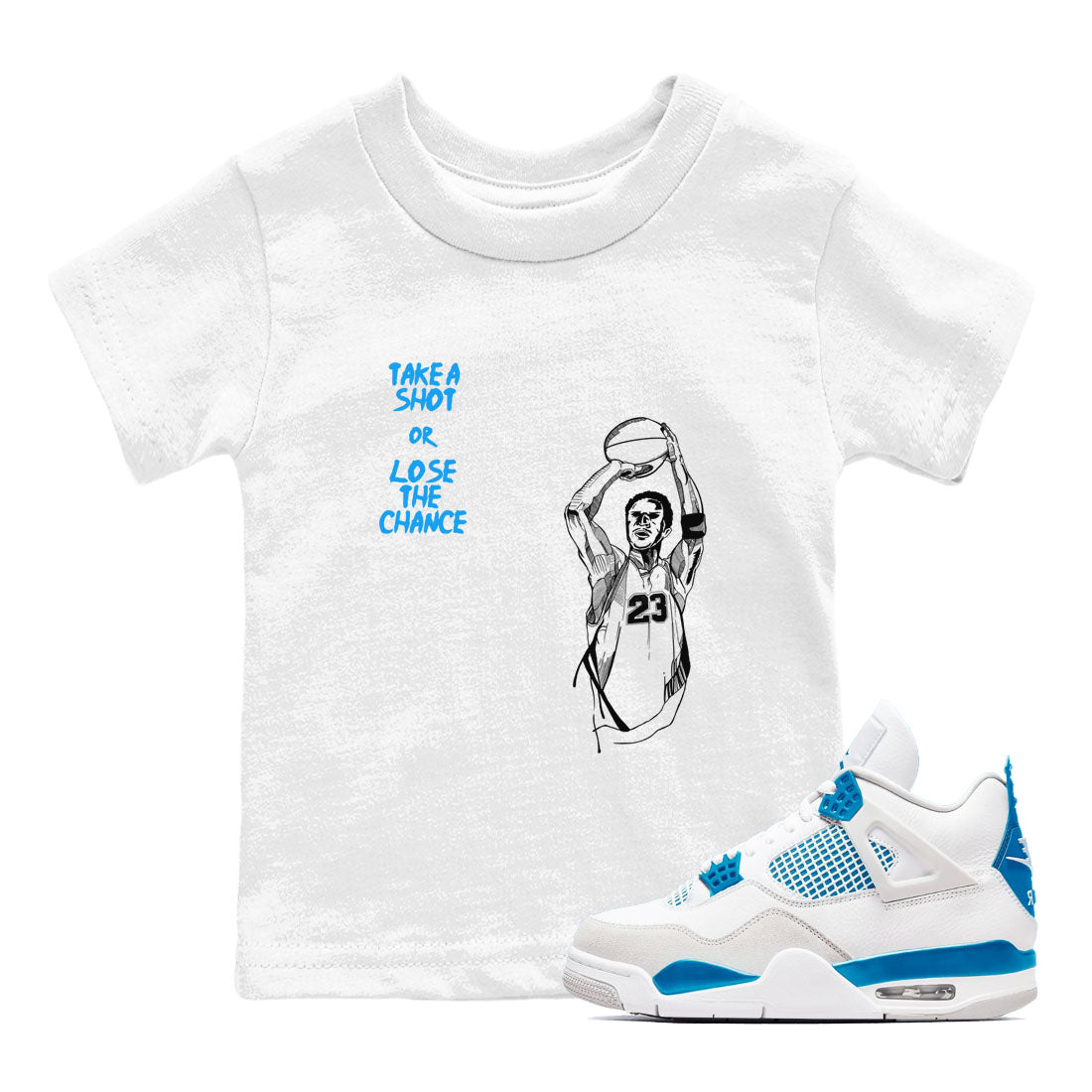 4s Military Blue shirts to match jordans Take A Shot sneaker match tees Air Jordan 4 Military Blue Drip Gear Zone Youth Baby White 1 crew neck shirts