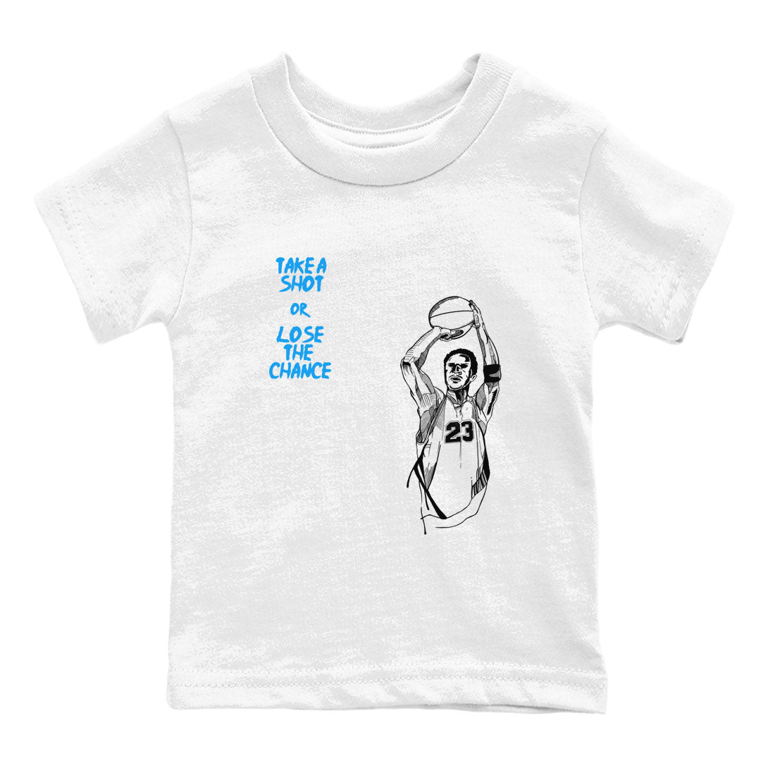 4s Military Blue shirts to match jordans Take A Shot sneaker match tees Air Jordan 4 Military Blue Drip Gear Zone Youth Baby White 2 crew neck shirts