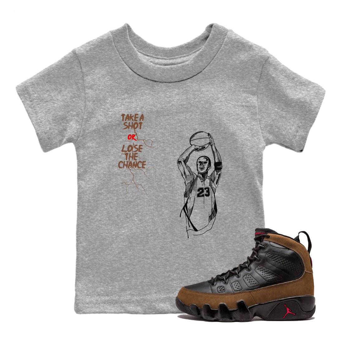 9s Olive shirts to match jordans Take A Shot sneaker match tees Air Jordan 9 Olive match shoes to clothes Drip Gear Zone Youth Baby Heather Grey 1 tee
