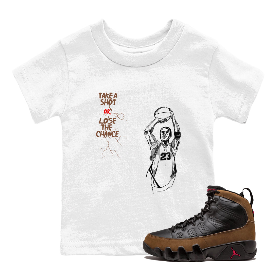 9s Olive shirts to match jordans Take A Shot sneaker match tees Air Jordan 9 Olive match shoes to clothes Drip Gear Zone Youth Baby White 1 tee
