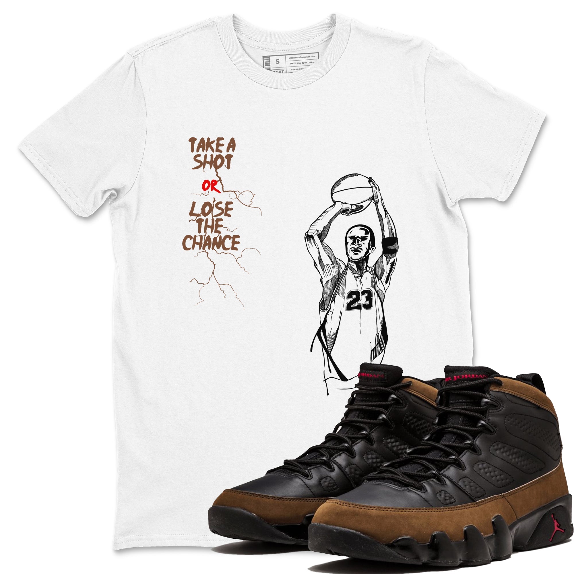 9s Olive shirts to match jordans Take A Shot sneaker match tees Air Jordan 9 Olive match shoes to clothes Drip Gear Zone unisex cotton White 1 shirts
