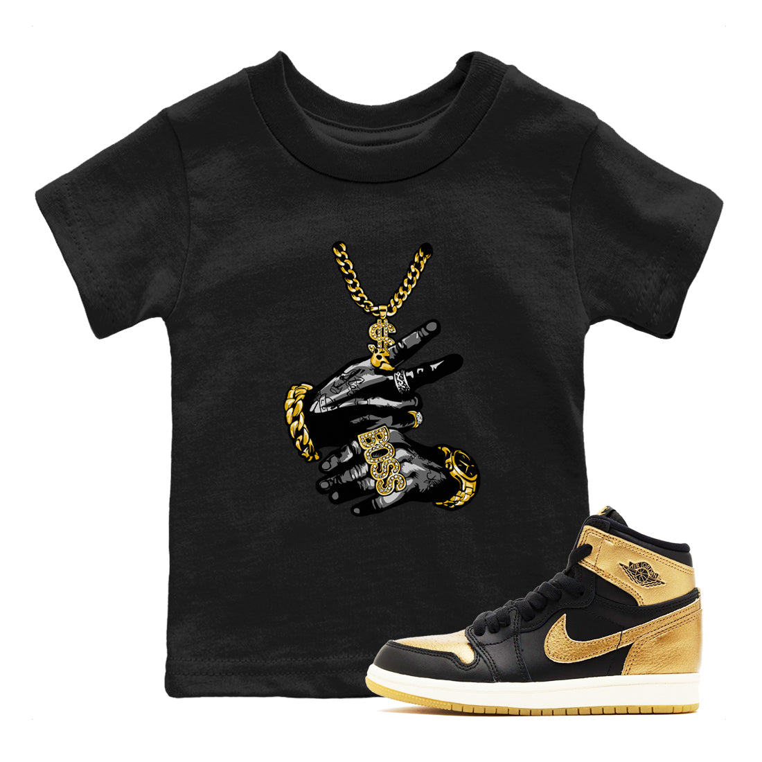Air Jordan 1 High OG Black Metallic Gold shirts to match jordans Tatto Hands sneaker match tees Air Jordan 1 Retrp Black Metallic Gold Sneaker Shirts Drip Gear Zone streetwear brand Baby and Youth Black 1 cotton tee
