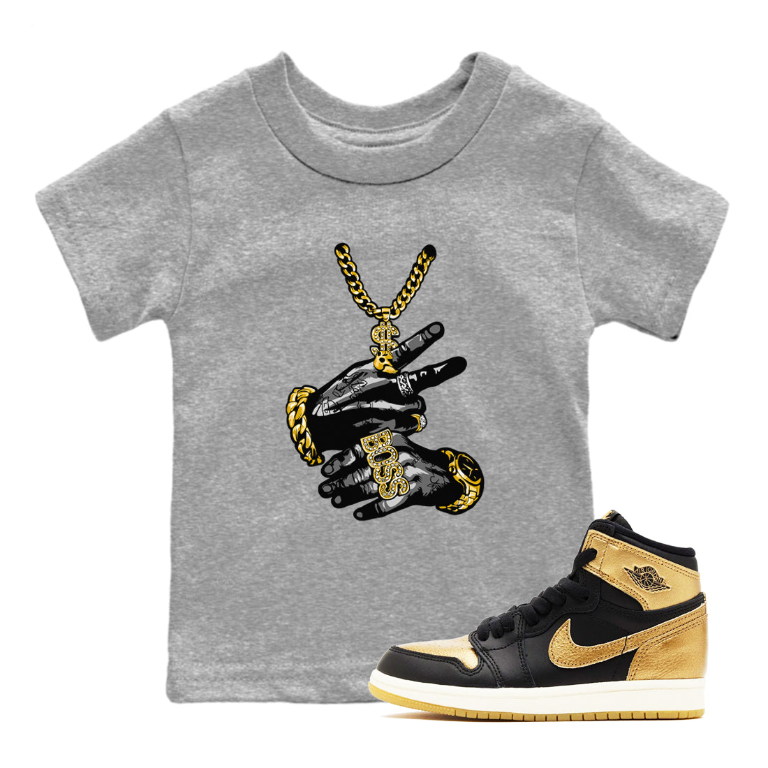 Air Jordan 1 High OG Black Metallic Gold shirts to match jordans Tatto Hands sneaker match tees Air Jordan 1 Retrp Black Metallic Gold Sneaker Shirts Drip Gear Zone streetwear brand Baby and Youth Heather Grey 1 cotton tee