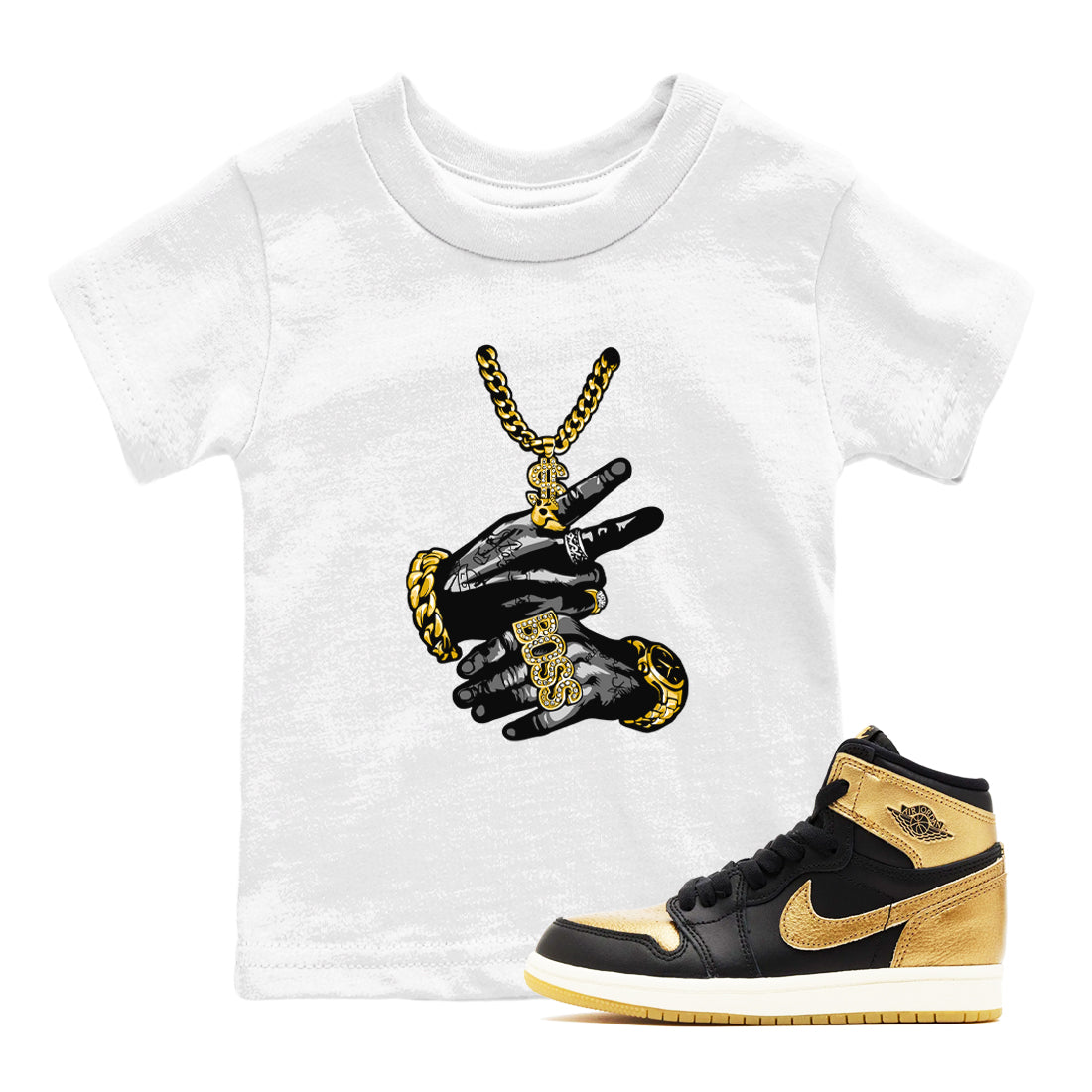 Air Jordan 1 High OG Black Metallic Gold shirts to match jordans Tatto Hands sneaker match tees Air Jordan 1 Retrp Black Metallic Gold Sneaker Shirts Drip Gear Zone streetwear brand Baby and Youth White 1 cotton tee