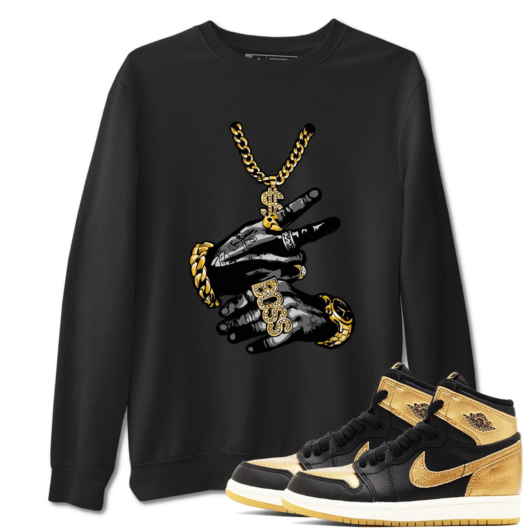 Air Jordan 1 High OG Black Metallic Gold shirts to match jordans Tatto Hands sneaker match tees Air Jordan 1 Retrp Black Metallic Gold Sneaker Shirts Drip Gear Zone streetwear brand Black 1 unisex cotton tee