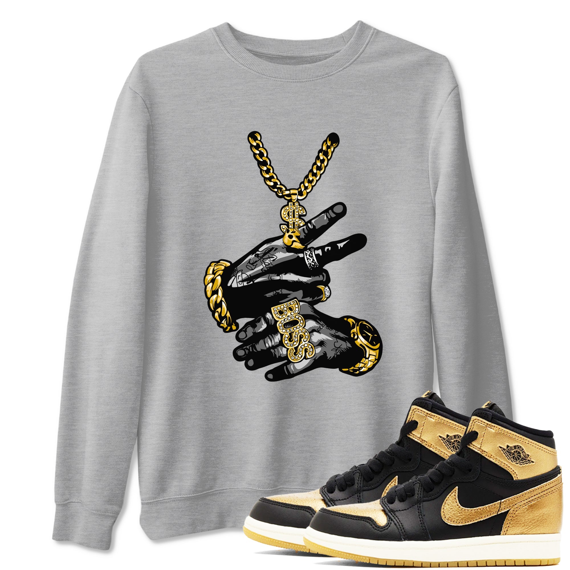 Air Jordan 1 High OG Black Metallic Gold shirts to match jordans Tatto Hands sneaker match tees Air Jordan 1 Retrp Black Metallic Gold Sneaker Shirts Drip Gear Zone streetwear brand Heather Grey 1 unisex cotton tee